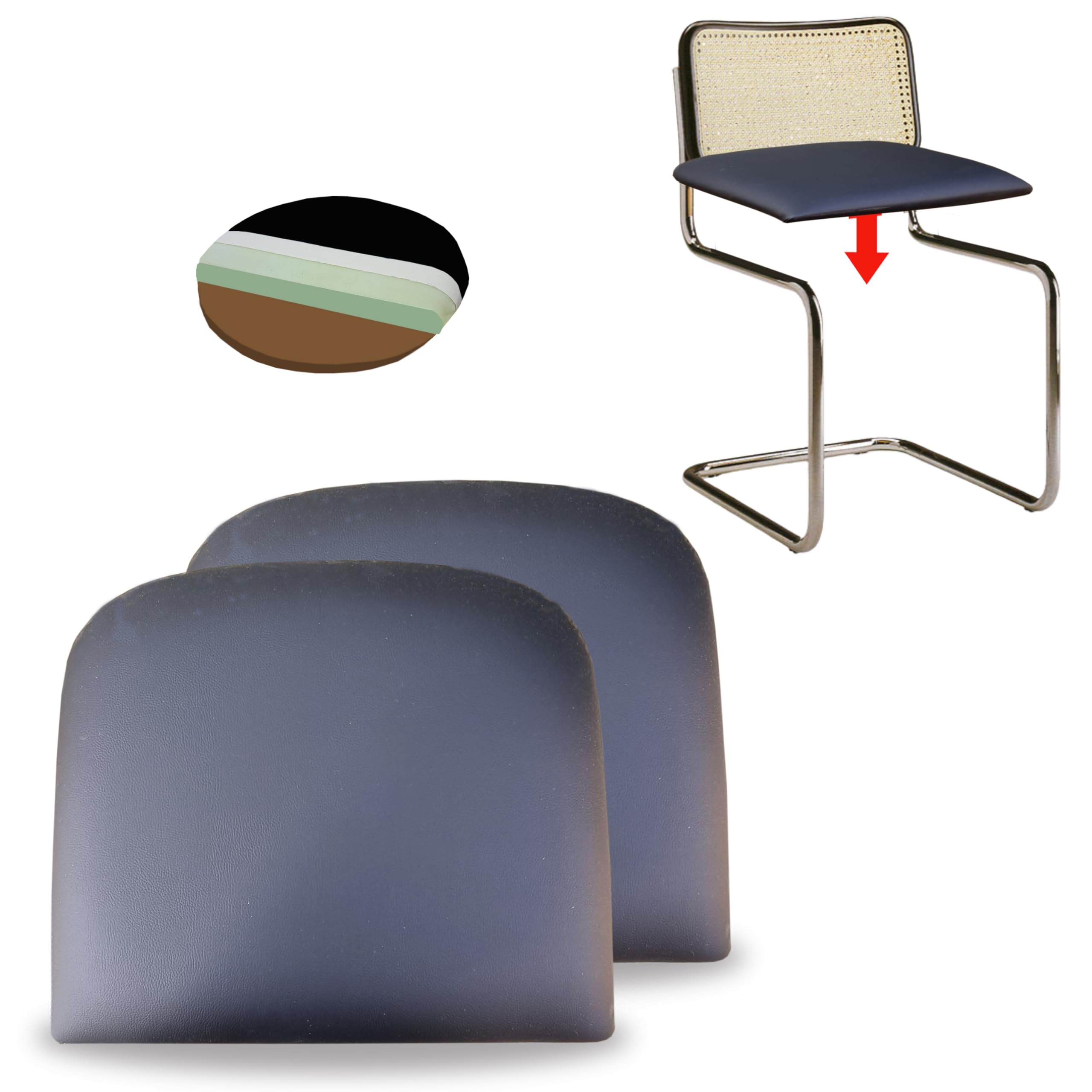 FacilCasa Ersatz für Breuer - Cesca Stuhl aus Wasserdicht Kunstleder, zur Restaurierung von Breuer - Cesca Metallstühlen. Mit Schaumstoff gepolstert, waschbar, bequem, (48x43x h 5) 2 Schwarze