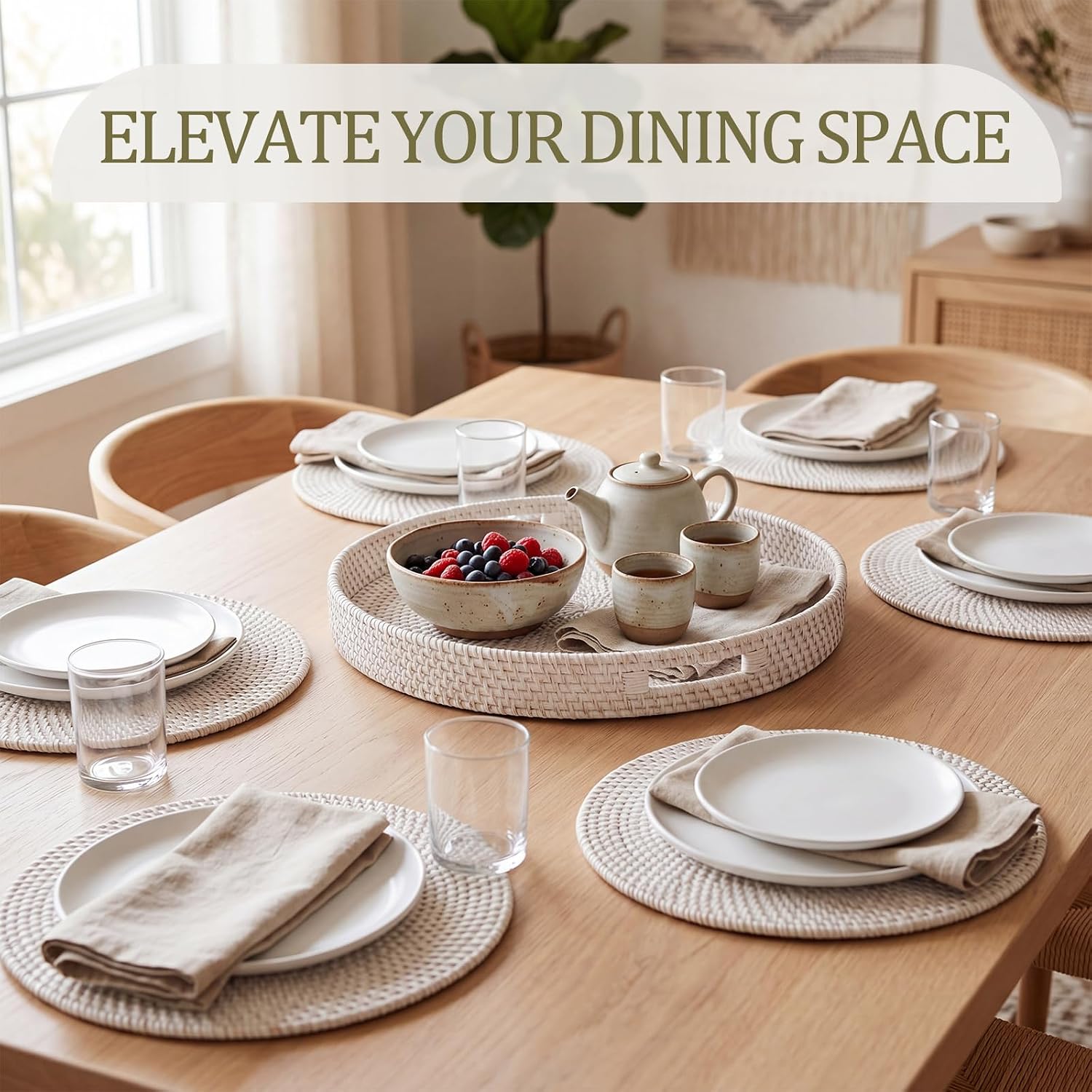 7 Pcs Rattan Placemats Set, 6 Pcs 13" Natural Hand Woven Rattan Placemats with 1 Pc 13.8” Wicker Round Serving Tray Storage Basket for Dining Table Coffee Kitchen Home (Round,White)