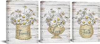 SiMiWOW Yellow Grey Daisy Flower Wall Art Bathroom Decor Picture Family Love Faith Wall Decor Floral Art Prints Rustic Far...
