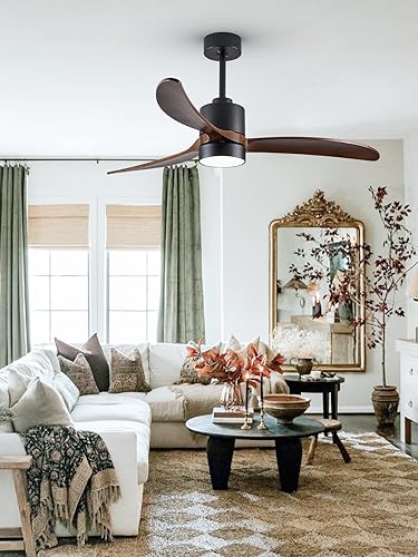 Miniatura 1 de FookChak Ventilador de techo de madera de nogal de 3 aspas con luz y control remoto, luces negras de ventilador de techo de 52 pulgadas, iluminación