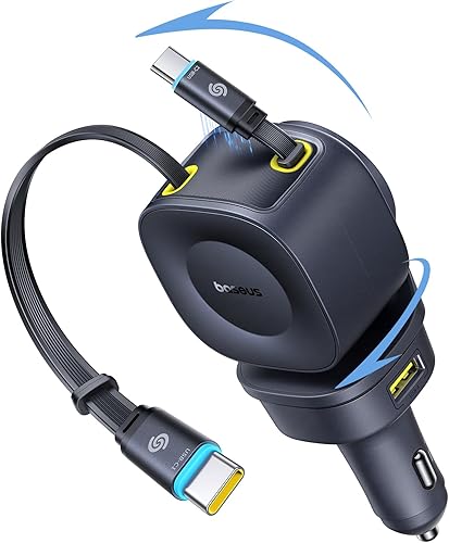 Baseus Cargador de coche retráctil de 163 W USB C de carga rápida, PrimeTrip VR2 Max 4 en 1, cargador de coche rápido con cable USB C retráctil dual