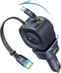 Baseus 163W Retractable Car Charger USB C Fast Charging, PrimeTrip VR2 Max 4 in 1 Fast Car Charger with Dual Retractable USB C Cable for iPhone 16 15 14 Pro Max, Samsung Galaxy S25 Ultra, Android