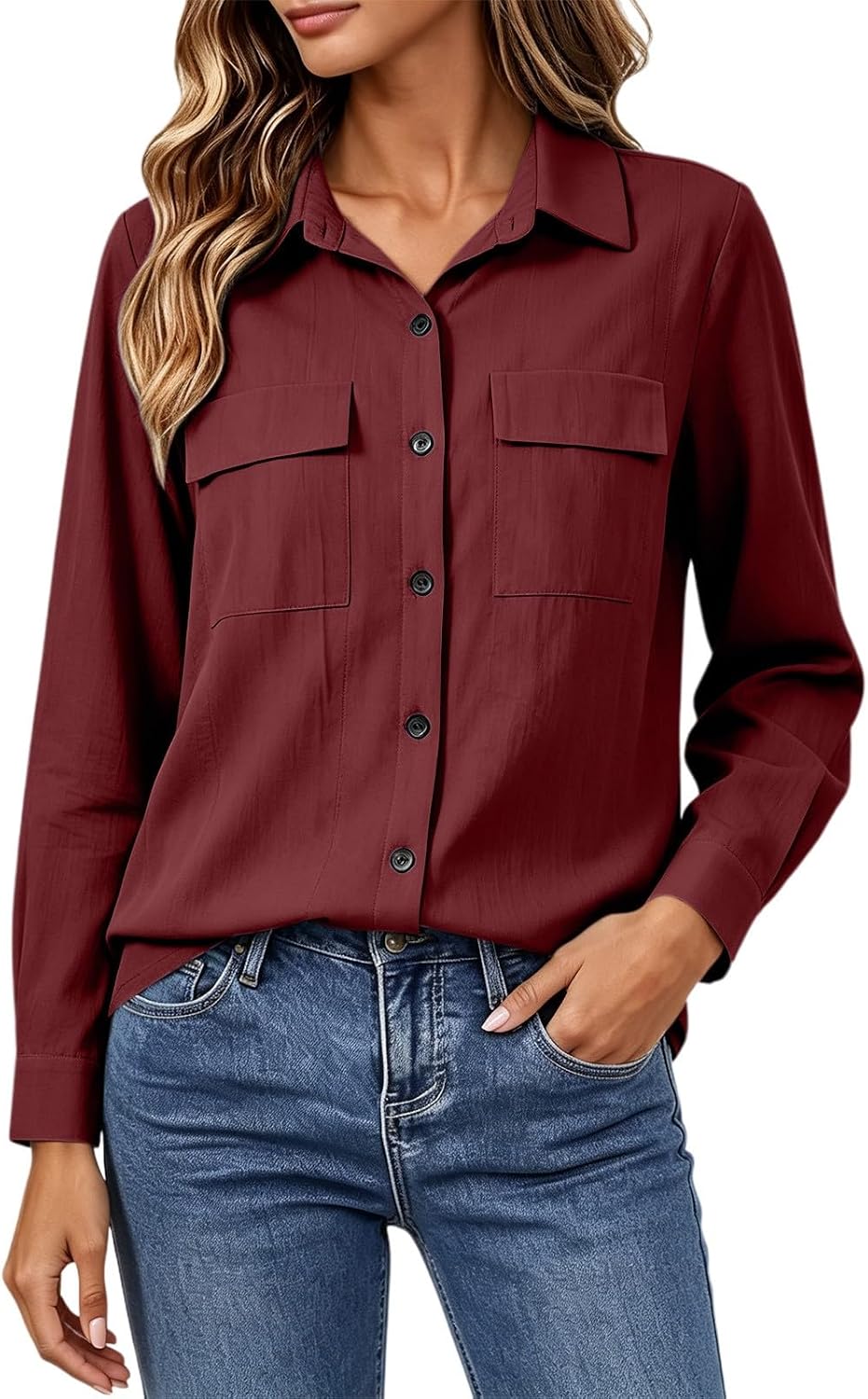 Women Button Down Casual Blouse,Dual Chest Pockets,Roll‑Up Long Sleeve | Relaxed tailored silhouette, practical front closure, great for home leisure and multi‑scene daily usage
