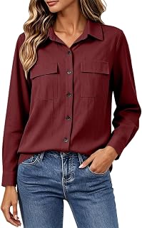 Women Button Down Casual Blouse,Dual Chest Pockets,Roll‑Up Long Sleeve | Relaxed tailored silhouette, practical front closure, great for home leisure and multi‑scene daily usage