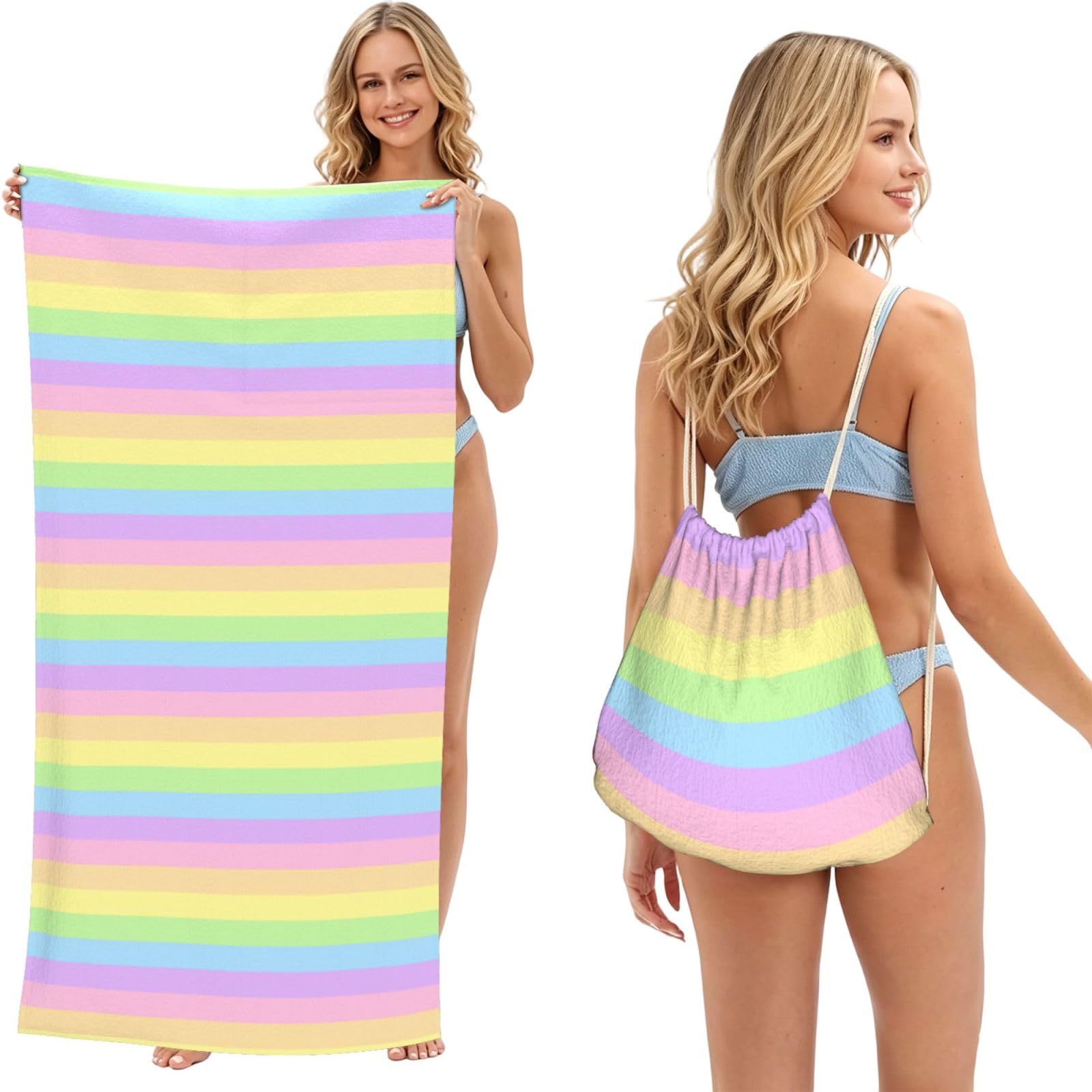 Poadnly As Picture Pastel Rainbow Striped, 2 In 1 Packable Towel Bag, Beach Towels With Drawstring Backpack For Travel Holiday Camping