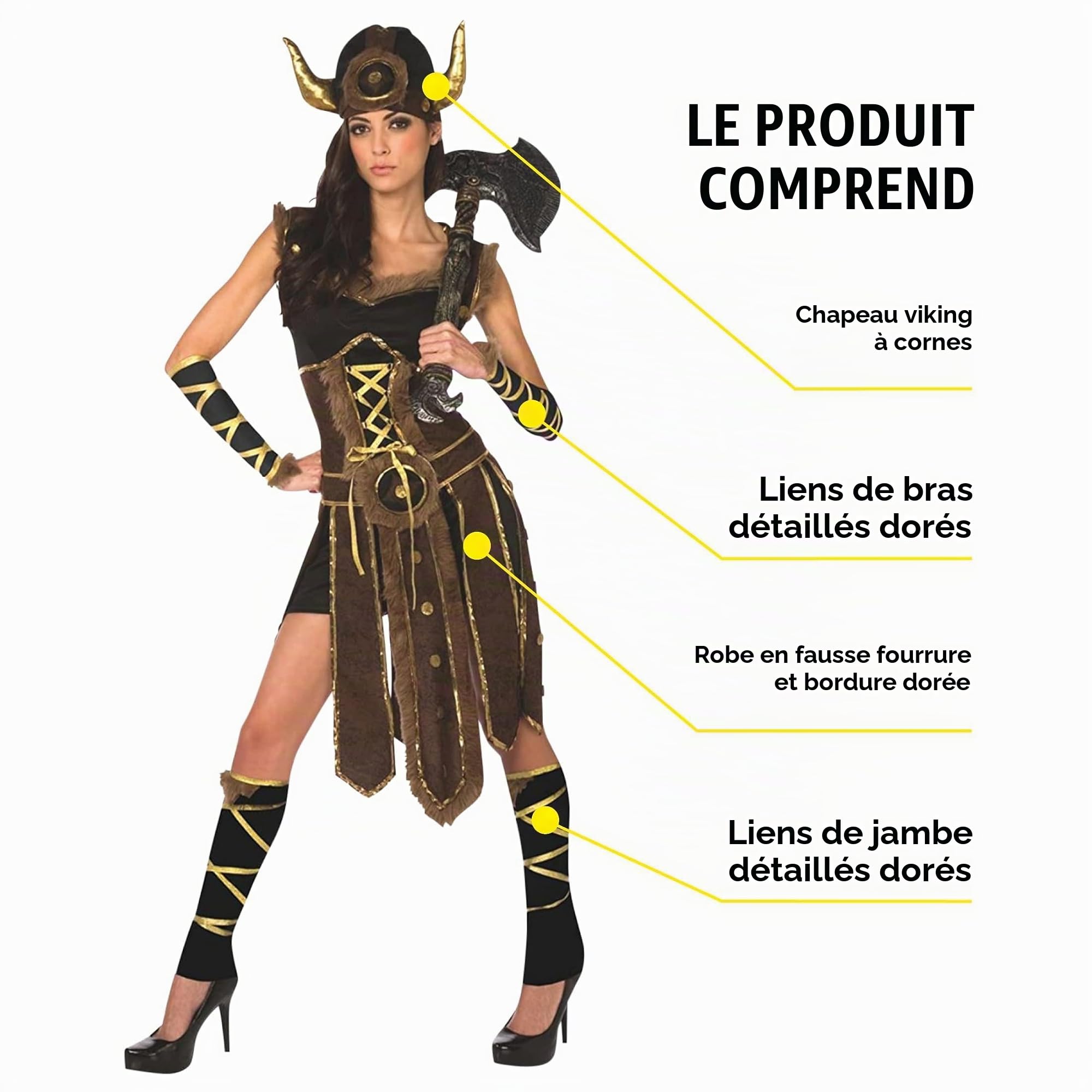 Morph Deguisement Viking Femme, Costume Nordique Halloween Femme | Robe Marron, Chapeau à Cornes, Brassards & Jambières, Look Nordique, Parfait pour Halloween, Idéal pour se Déguiser