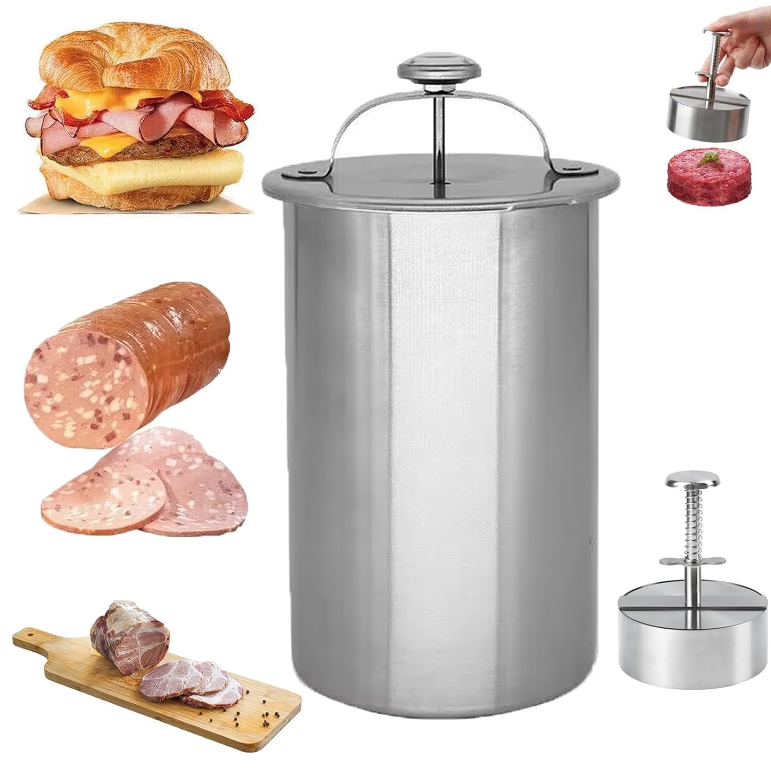 2026 Upgrade Stainless Steel Deli Meat Press with Thermometer, Spring Mechanism & Handle, Meats Press Mold for Deli Meats, Homemade Lunch Meat Maker Tool for Healthy Sandwiches (with Presser)
