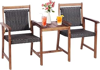Tangkula Acacia Wood Garden Bench, Patiojoy Rattan Companion Loveseat Ch...