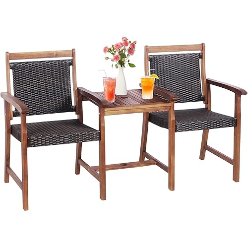 Tangkula Acacia Wood Garden Bench, Patiojoy Rattan Companion Loveseat Chair with Coffee Table and Parasol Hole, 2-Seater Outdoor Conversation Furniture Set for Backyard, Poolside, Balcony (Brown)
