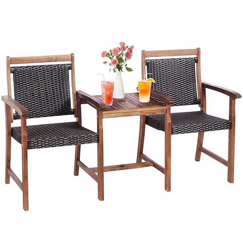 Tangkula Acacia Wood Garden Bench, Patiojoy Rattan Companion Loveseat Chair
