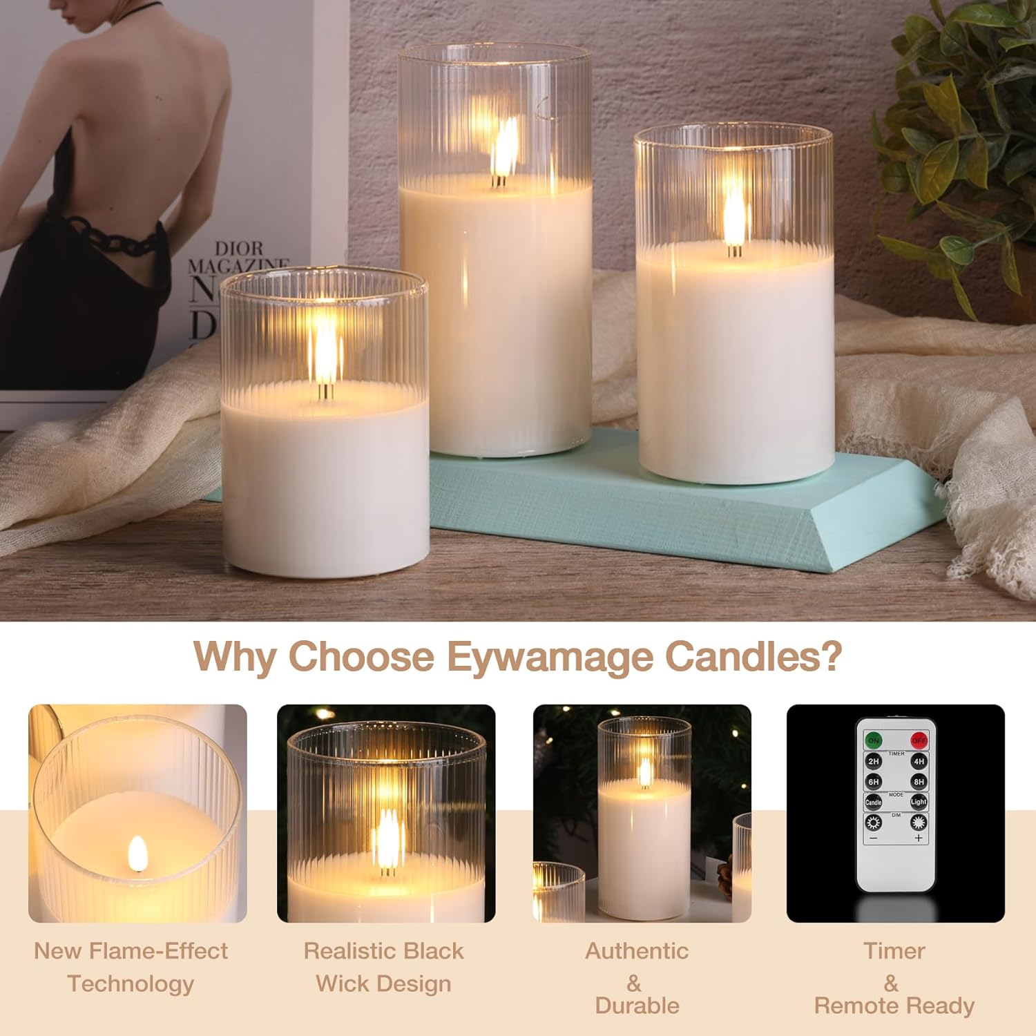 Eywamage Clear Ribbed Glass Flameless Candles with Remote, Flickering LED Pillar Candles Real Wax, Set of 3