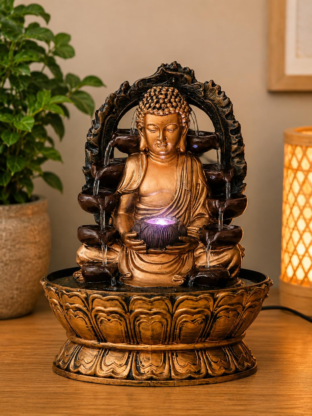 CHRONIKLE Golden Brown Polyresin Tabletop Buddha Indoor Water Fountain for Home Decor with LED, Speed Control Pump (Size: 37 x 27 x 27 CM | Weight: 2185Gram)-image-30
