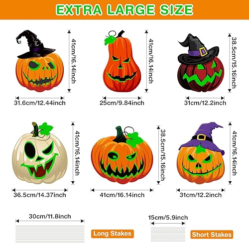 Miniatura 4 de Soaoo Paquete de 6 carteles fluorescentes de calabaza de Halloween de 16 pulgadas con estacas, caras espeluznantes y sombrero de bruja, letreros de