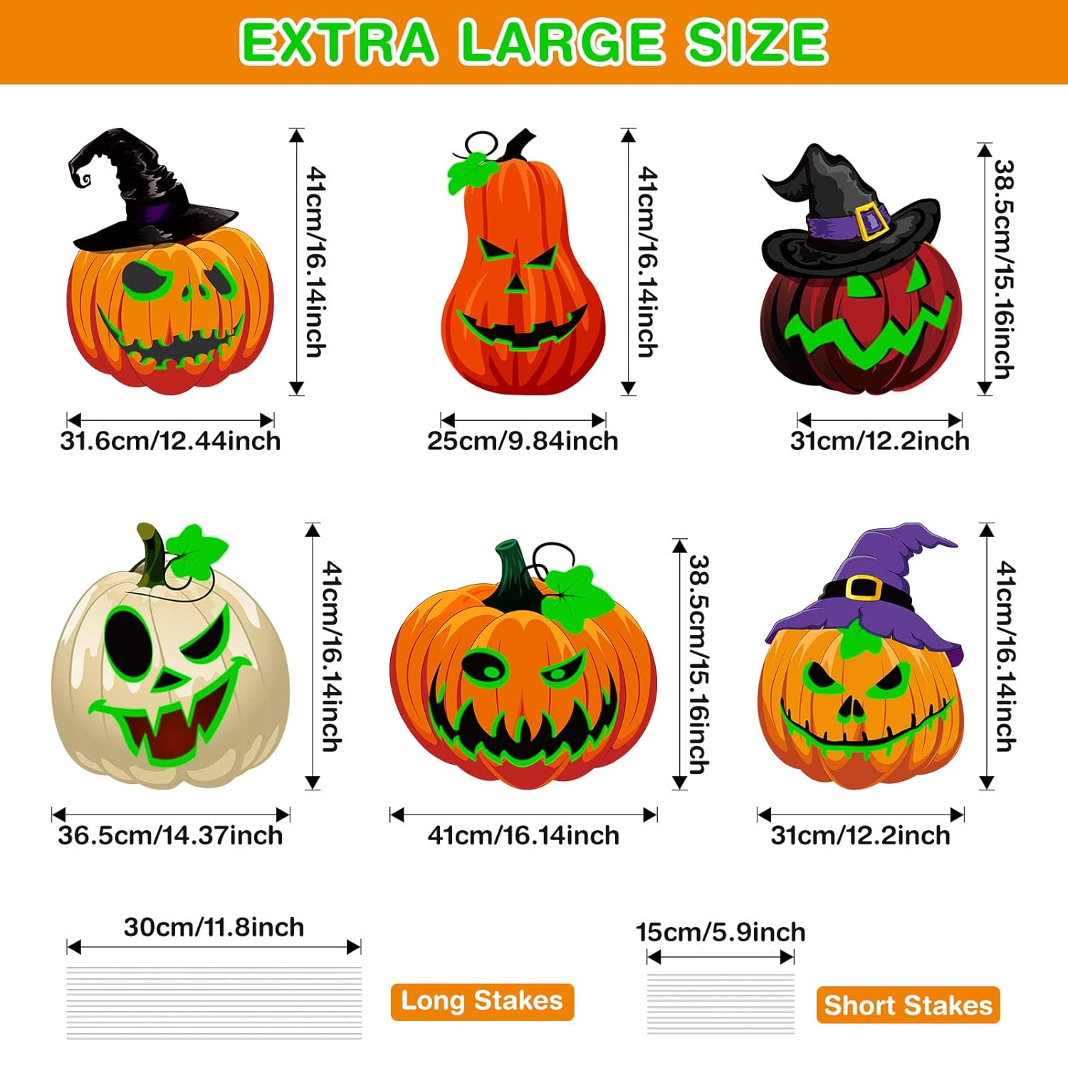 Soaoo 6パック 16インチ ハロウィンデコレーション 屋外 蛍光 ハロウィン パンプキン 庭 看板 杭付き 不気味な顔 魔女の