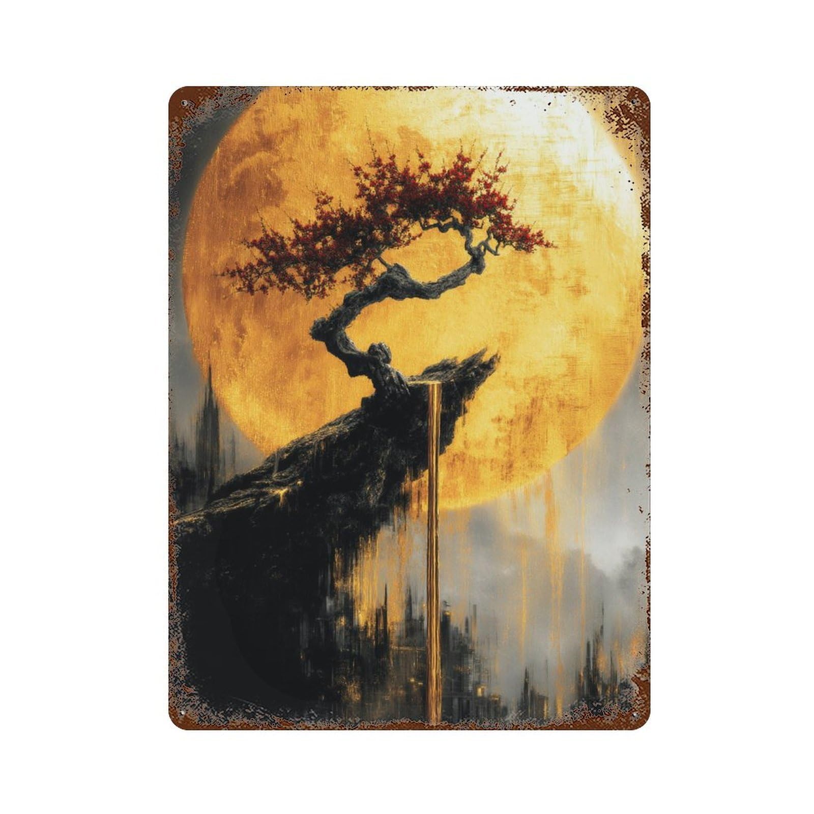 Moonlit Bonsai Serenity Vintage Rust Metal Sign 15.7"x11.8", for Basement, Hobby Room And Garage Decor, Retro Wall Decor