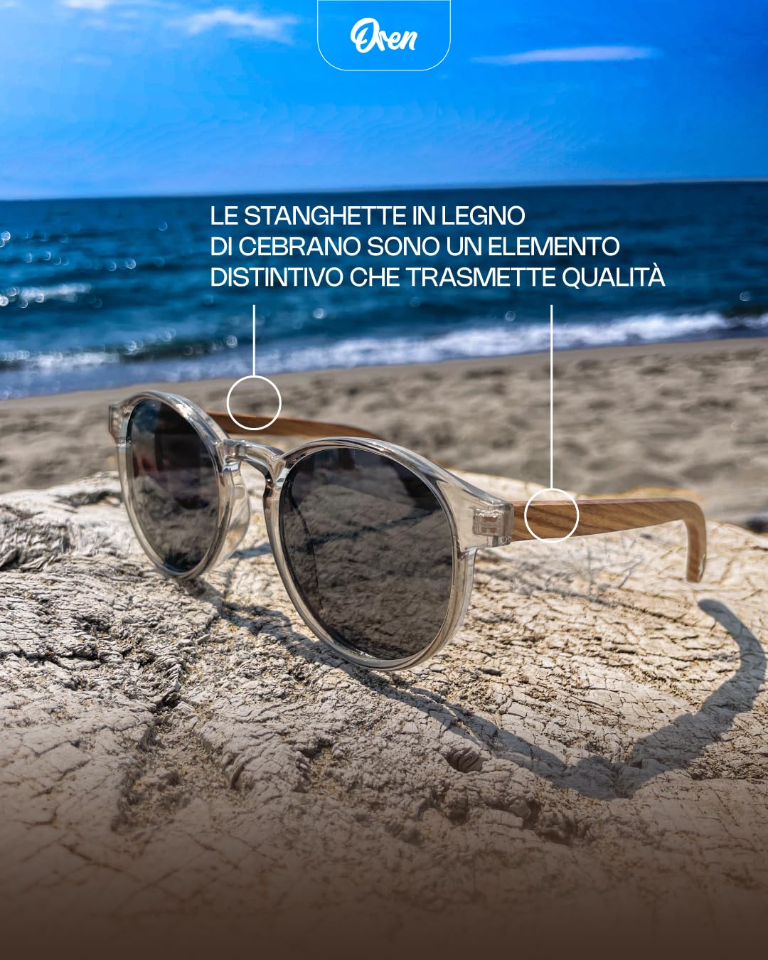 Oren Innovations Occhiali da Sole Uomo Donna Polarizzati UV400, Aste in Vero Legno Zebrawood, Montatura PET Riciclato, Leggeri, per Guida, Mare e Viaggi