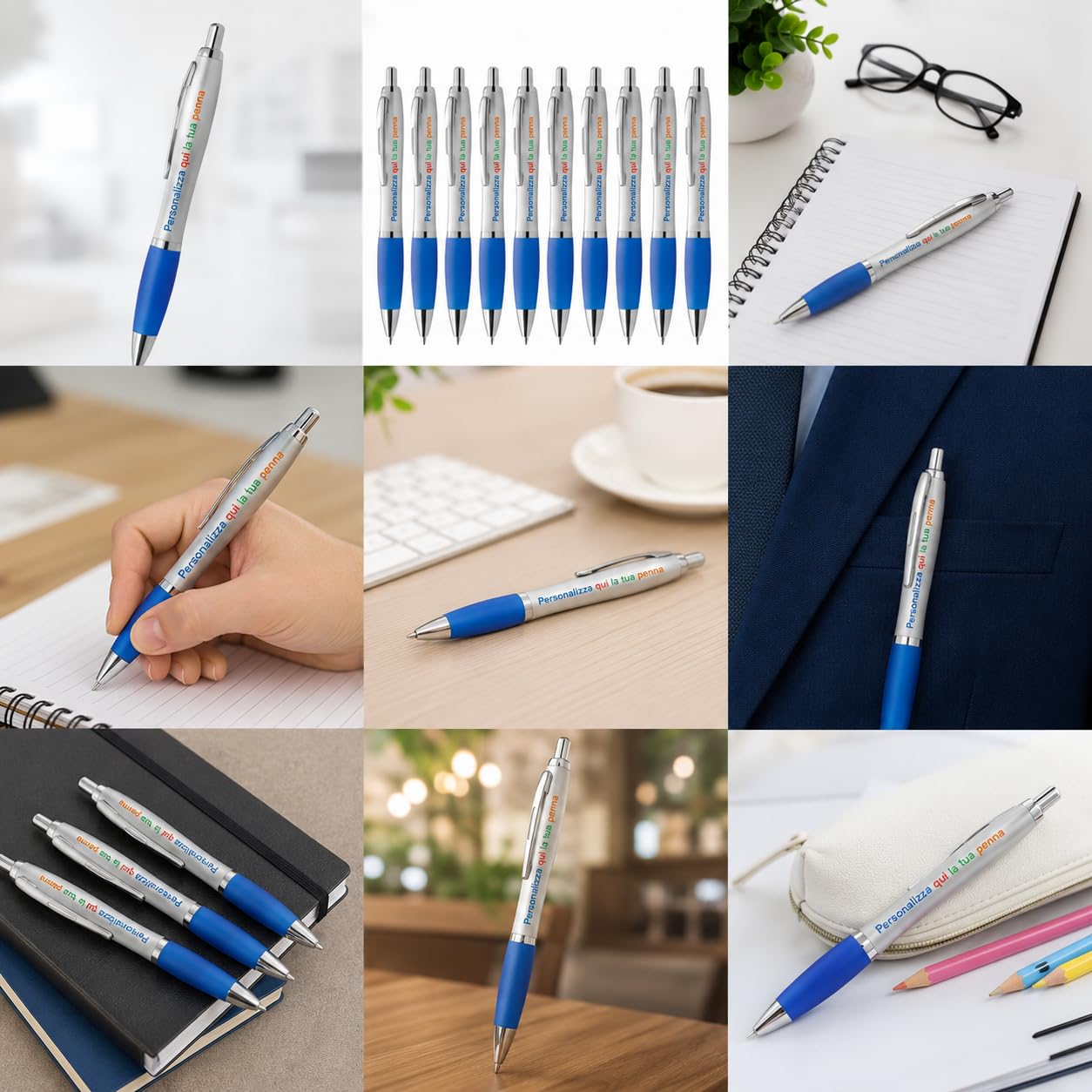 Penna Personalizzata con Nome, Logo o Testo | Stampa a Colori su Penna a Sfera con Impugnatura Soft Touch | Gadget Aziendale Personalizzato per Eventi, Fiere e Regali (25, Blu)