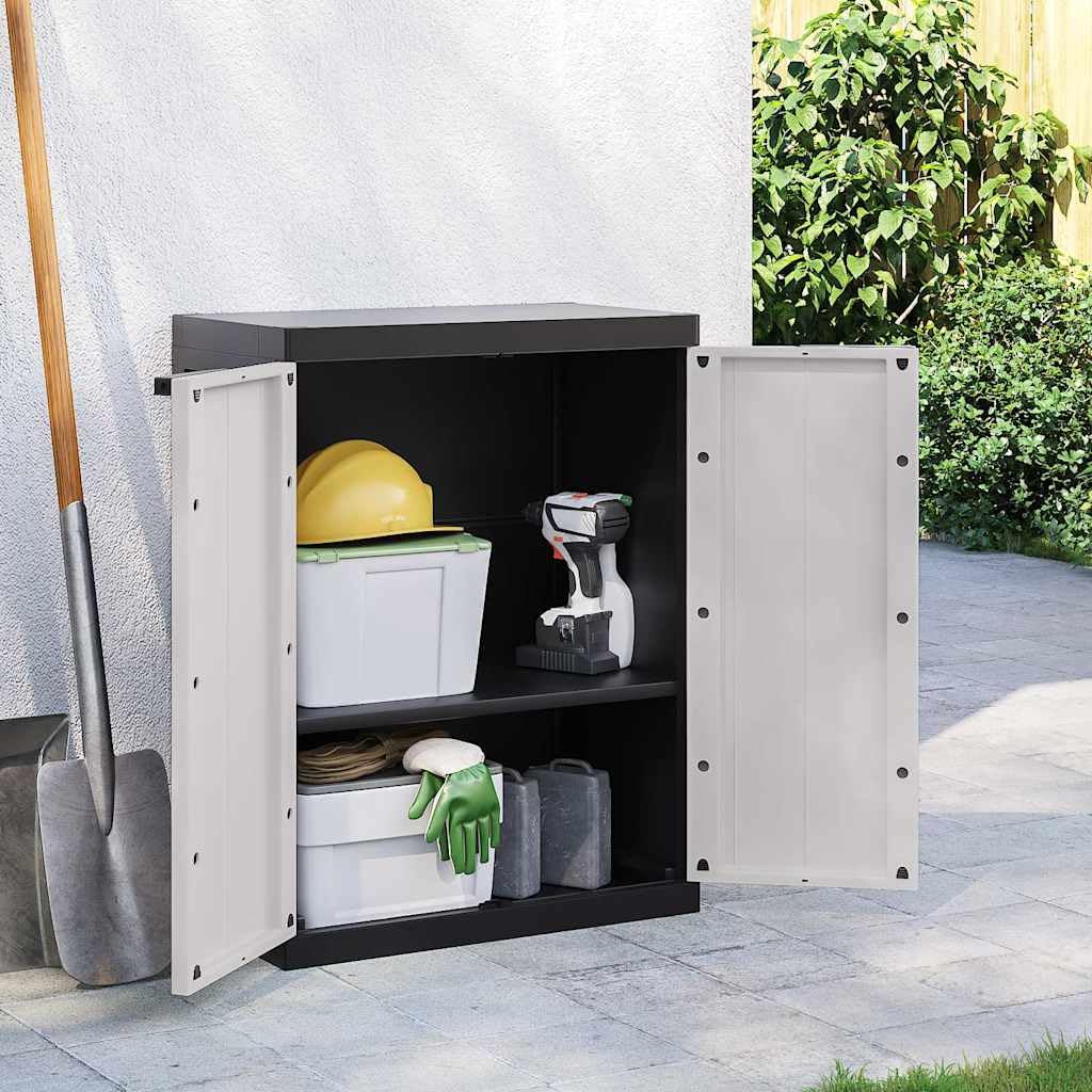 Gartenschrank Grau und Schwarz 65x37x85 cm, Robuster Geräteschrank aus PP-Kunststoff mit verstellbarem Einlegeboden, Abschließbarer Balkonschrank für Garten und Terrasse