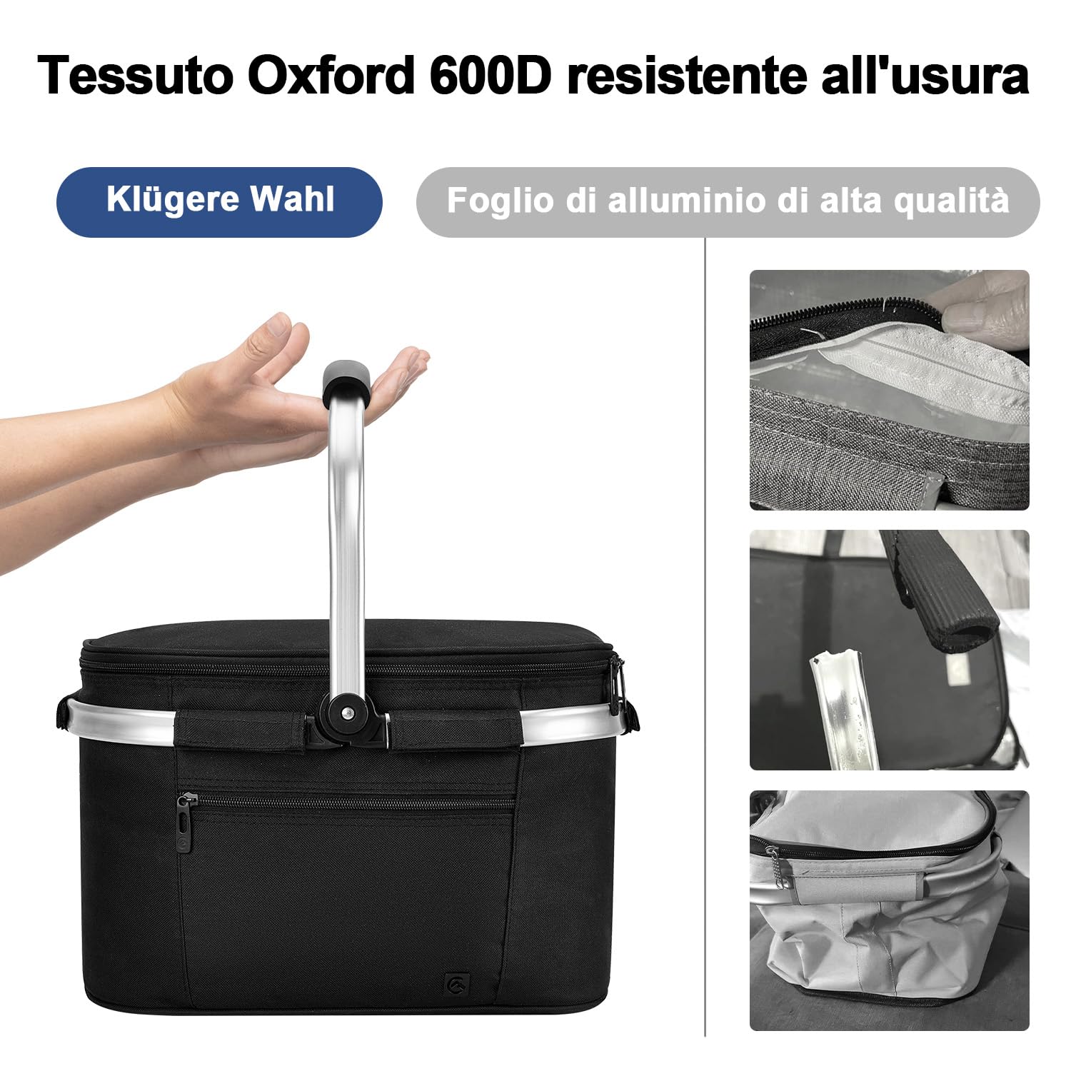 ALLCAMP Cestino Picnic Pieghevole - Cestino Per la Termico per Alimenti Freddi con Coperchio,Cestino Picnic Rimovibile,Cestino Termico con Telaio in Alluminio,Borsa Frigo Spesso（Piccolo-nero）
