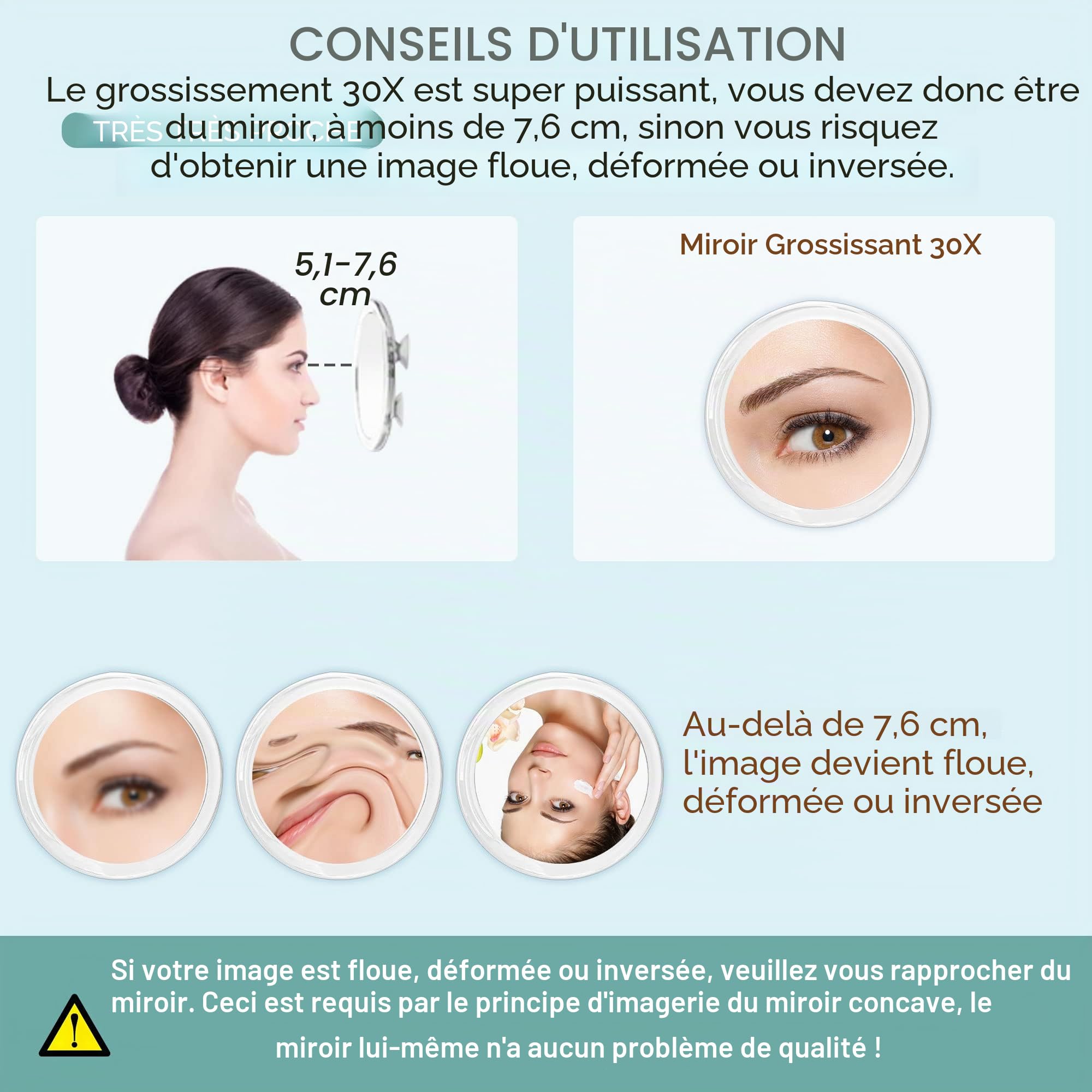 MIYADIVA Miroir grossissant 30X Ventouse pour, Miroir de Maquillage de Voyage sur, Miroir de Douche pour l'épilation des Sourcils 15,2 cm