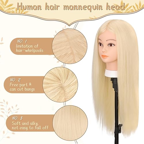 Miniatura 11 de Mannequin Head with 70% Human Hair, 26" Light Brown Real Human Hair Training Head, Manikin Cosmetology Head with Clamp Holder & Tools, Practice Doll