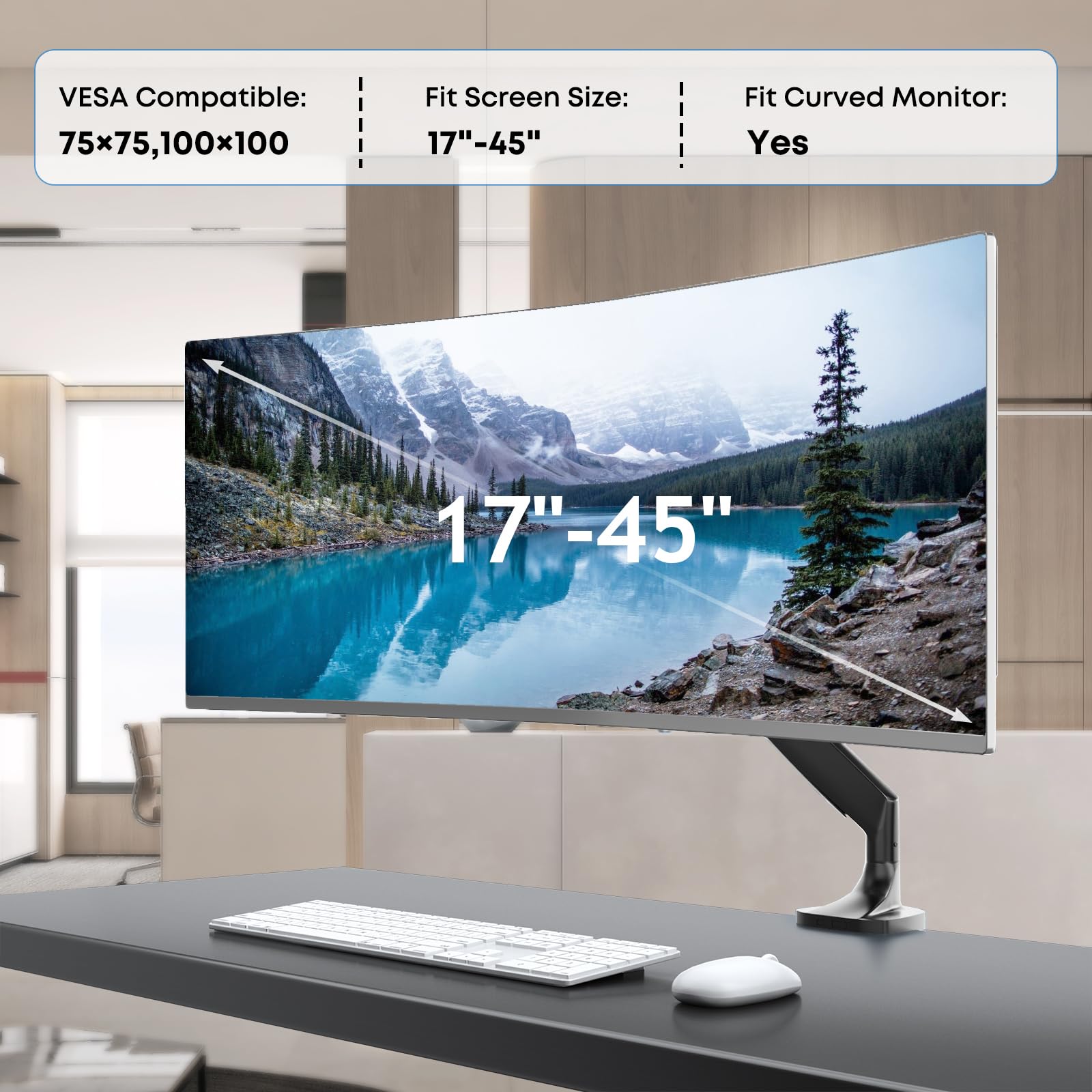 Braccio per monitor pesanti per monitor ultra larghi fino a 45 pollici e 15kg, supporto da scrivania singolo completamente regolabile con morsetto a C e gommino da scrivania, VESA massimo 100x100,nero