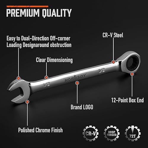 Miniatura 5 de HORUSDY Juego de llaves de trinquete de 24 piezas, métricas y SAE, juego de llaves combinadas de trinquete con organizador, 72 dientes, acero al