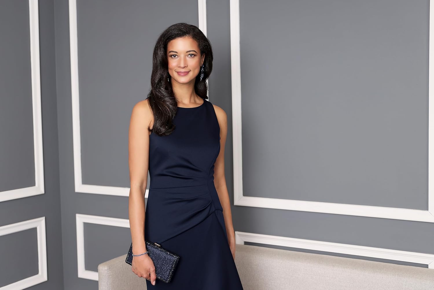 Alex Evenings Women's Sleeveless Stretch Scuba Crepe Dress with Tucked Waist, Cascade Ruffle, Floor Length - Image 5