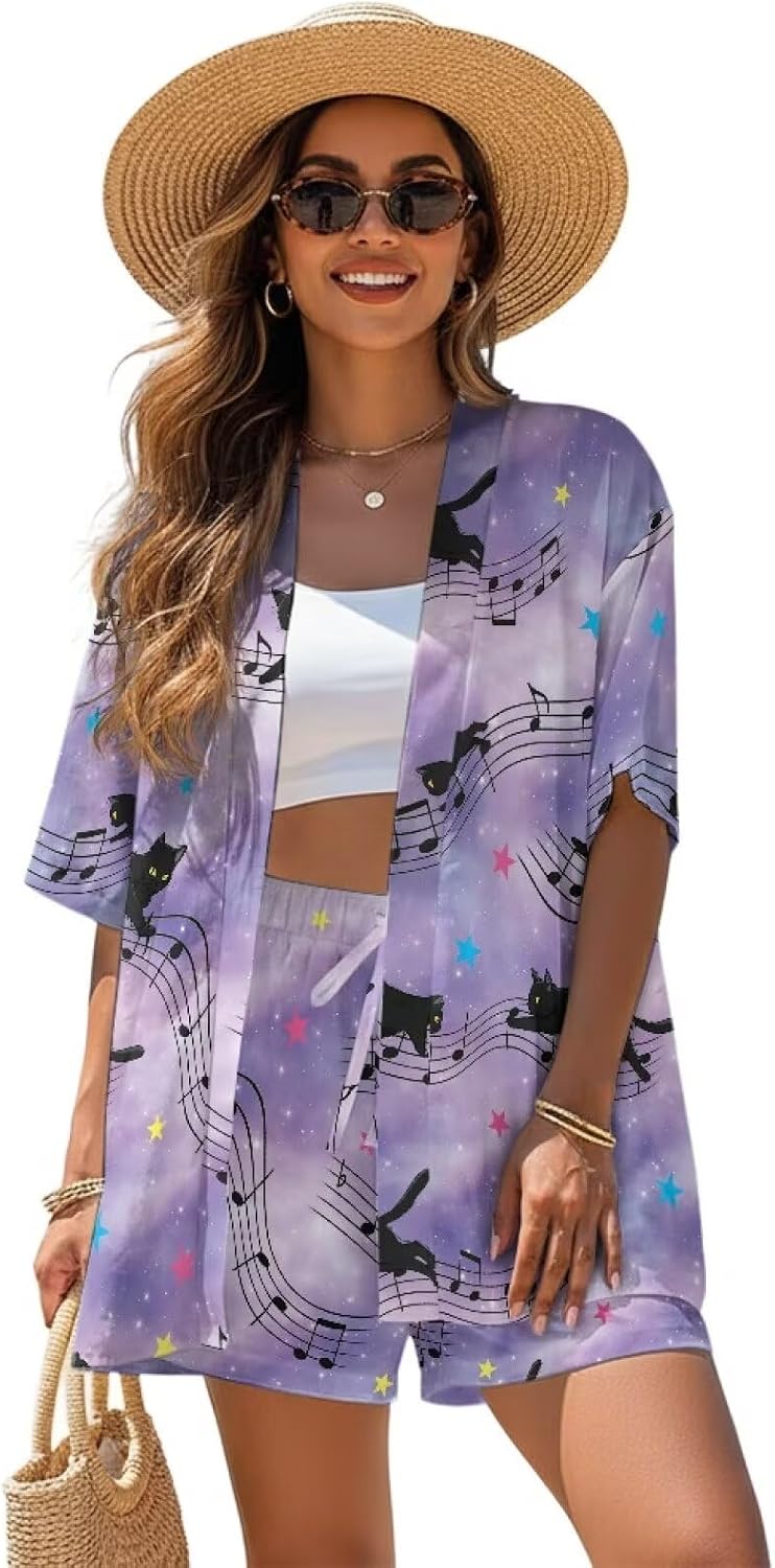 Women Hawaiian Shirt & Shorts 2-Piece Set Soft Cool Summer Hawaii Cardigan Loose Fit Shorts with Drawstring