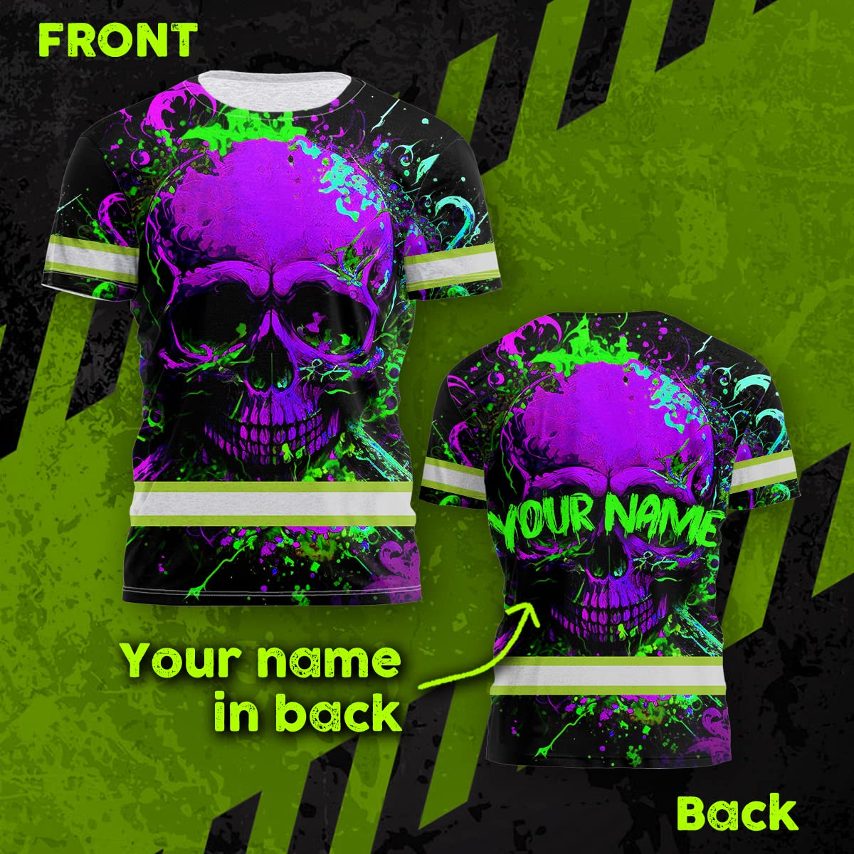 Maddly Hi Vis Shirt Reflective Tapes Violet Neon Skull Safety Workwear for Workers, Runners, Cyclists, Skull Lovers-S