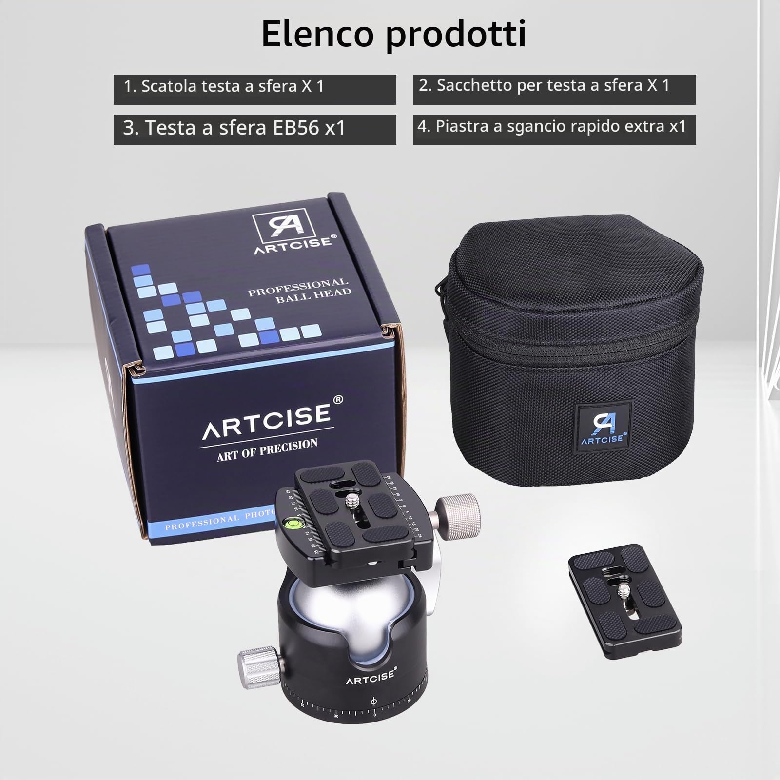 Testa a sfera a profilo basso ARTCISE, testa panoramica per treppiede in metallo da 56 mm compatibile con piastra a sgancio rapido Arca 1/4" per treppiede o monopiede, capacità di carico: 40 kg