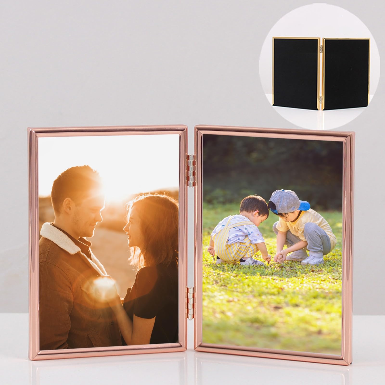 6x8 Vertical Photo Frame, Metal Glass Hinged Picture Frames Tabletop Display Rose Gold Double Frame Home Office Decor