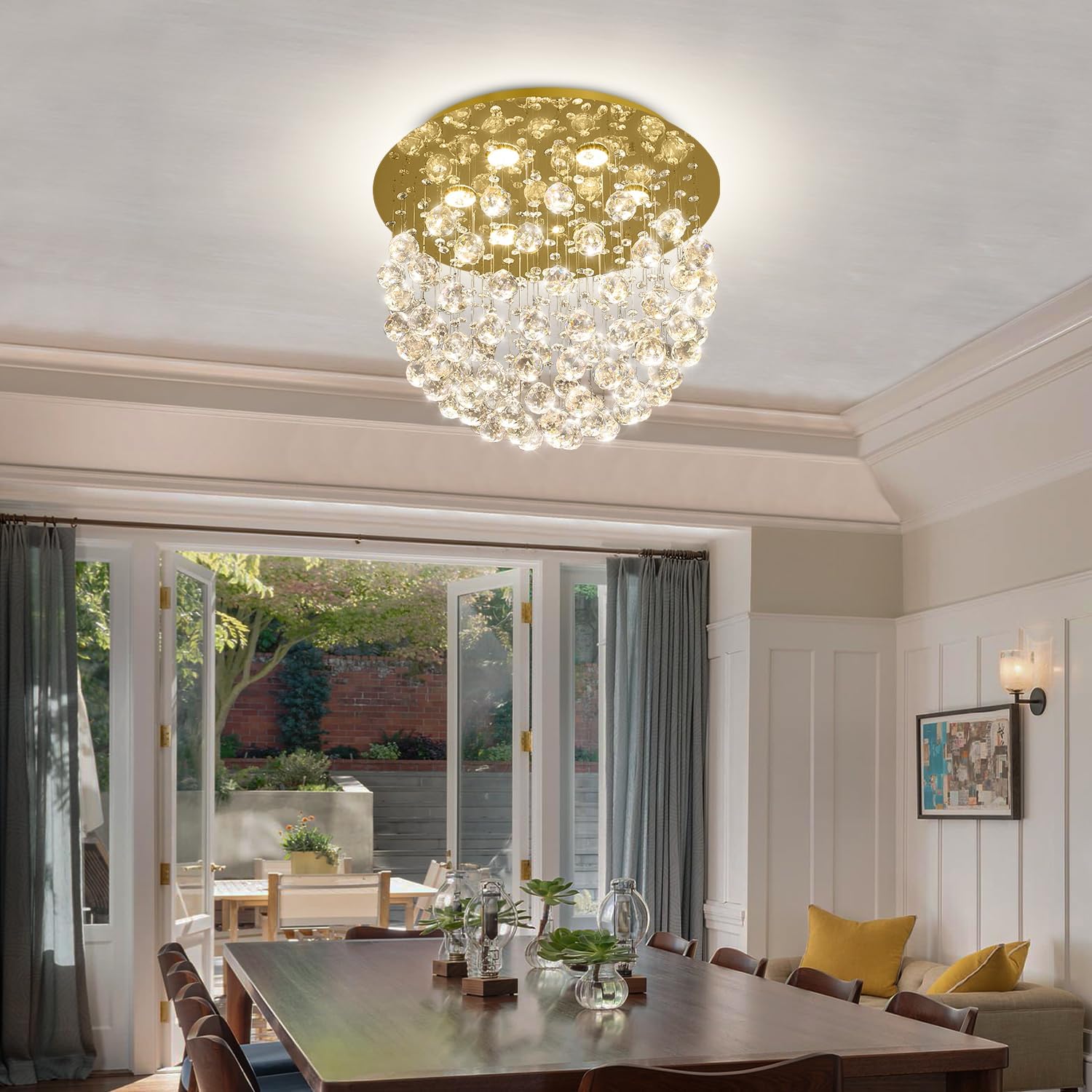 6-Light 20-Inch Gold K9 Crystal Flush Mount Chandelier, Modern Ceiling Light Fixture for Bedroom Dining Room Living Room