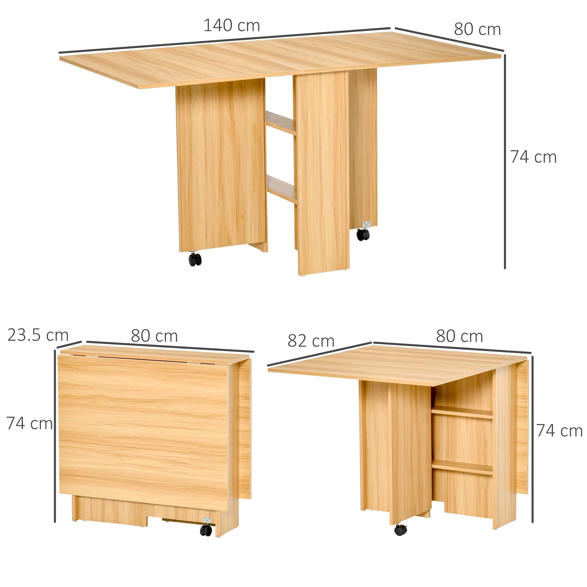 HOMCOM Tavolo da Pranzo Pieghevole con Ruote 140x80x74 cm Legno Naturale | Tavolo Cucina a Ribalta, Ruote a Freno, per 4-6 Persone, Scrivania Richiudibile con Ripiani, per Soggiorno