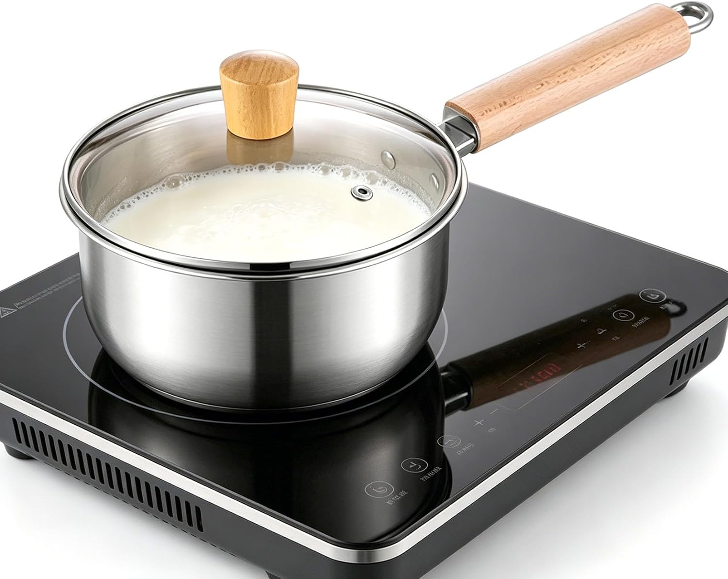 Thickened Milk Pot, 1.3 Quart Long Handle Stainless Steel Saucepan with Wood Lid for Cooking, Boiling Milk, Spaghetti, Soup in Kitchen and Outdoor (S)