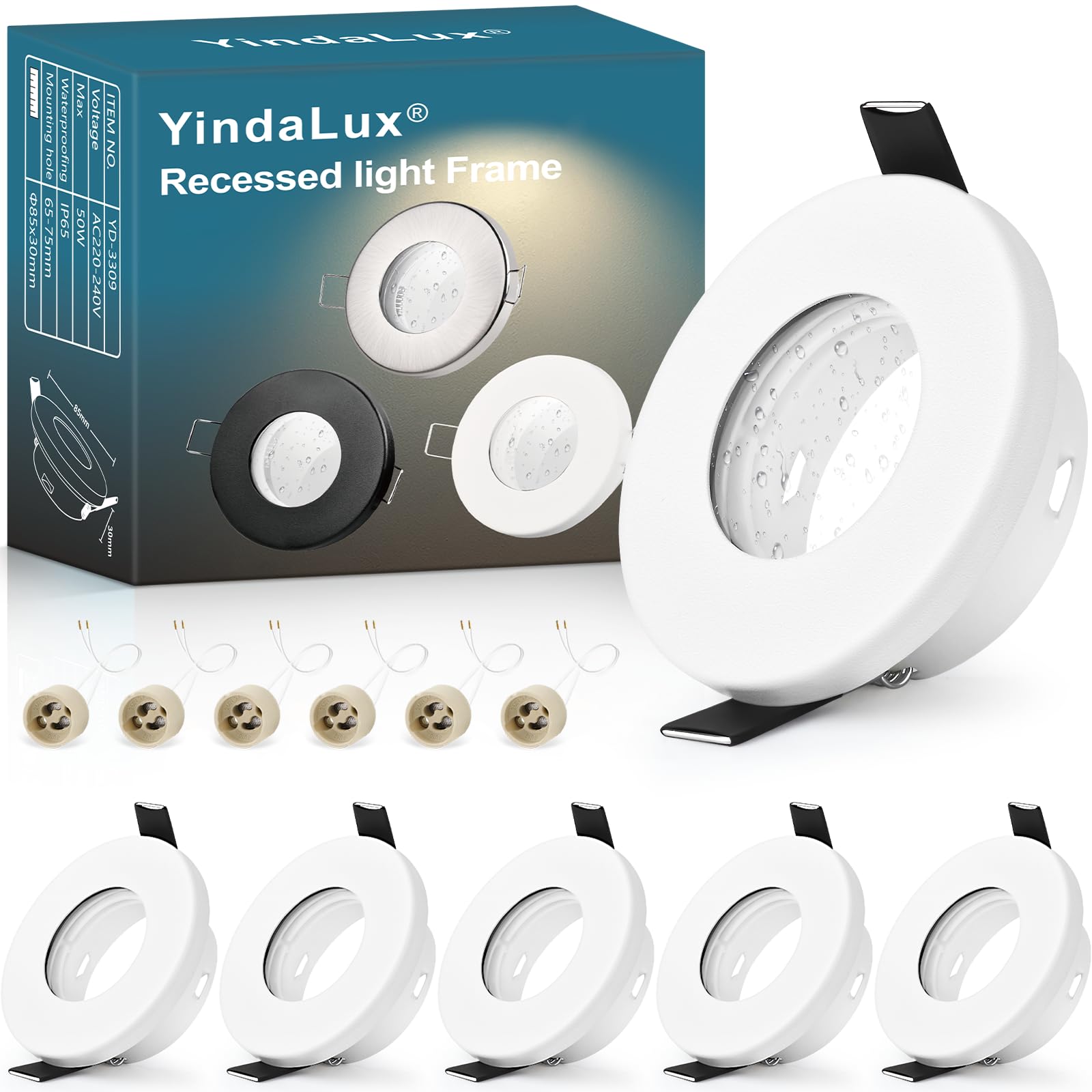 YindaLux 6 Pack GU10 Recessed Spotlight Frame IP65 White, 30° Adjustable Iron Downlight Bezel 230V with GU10 Holder, Ø85mm, Cut Out 65-75mm Round Ceiling Spot, Bulb Not Included