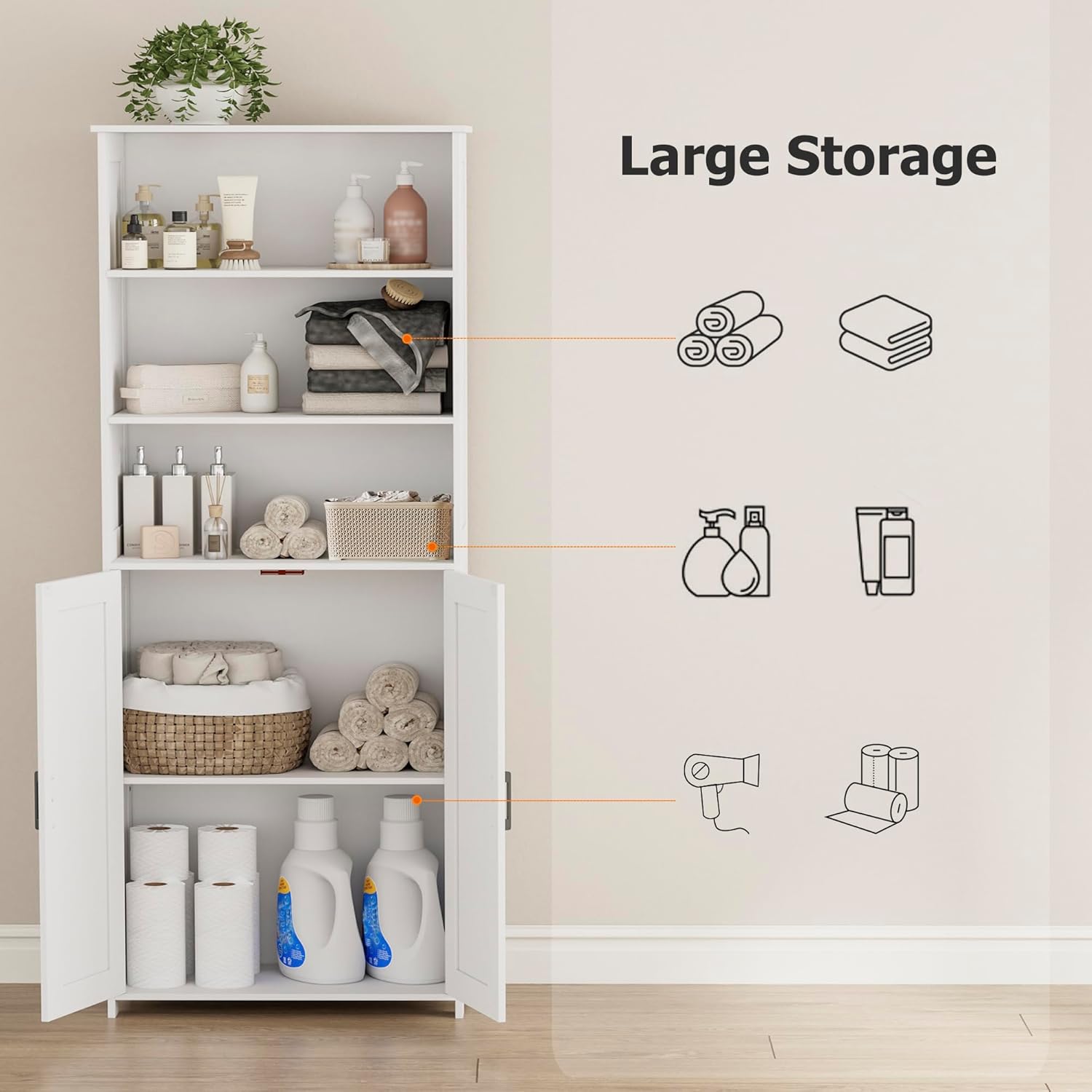 Homhedy 67" Tall Bathroom Storage Cabinet, Freestanding Farmhouse Cabinet with 2 Doors and Shelves, Bathroom Organizers and Storage for Kitchen, Living Room, Laundry Room, White