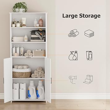 Homhedy 67 Tall Bathroom Storage Cabinet, Bathroom Floor Cabinet | Freestanding Farmhouse Cabinet with Doors and Adjustable Shelf, Linen Cabinet for Bathroom, Living Room, Laundry Room, White