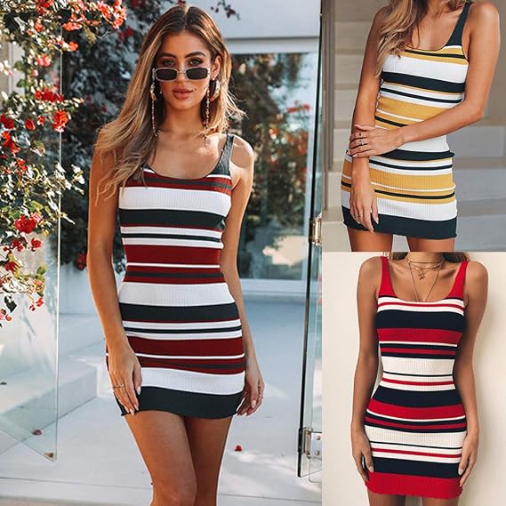 Color Stripes Tight Jersey Slip Dress 