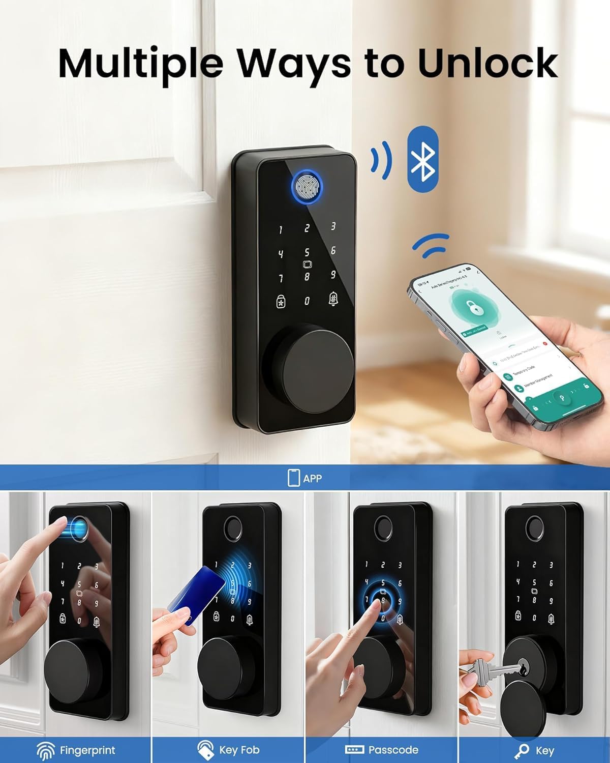 Smart Deadbolt Lock with 2 Knobs, 5-in-1 Keyless Entry Door Lock with Fingerprint, APP Control, Auto Lock, IP54 Waterproof, Temporary Passcode for Front Door