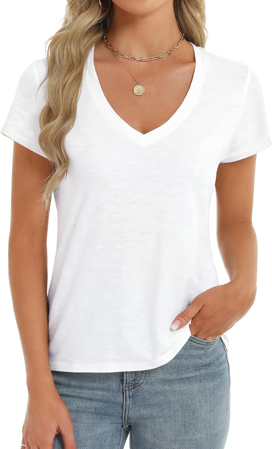 Stelle Womens Modal Soft T Shirts Short Sleeve V Neck Basic Tee Casual Loose Fit Tops Lightweight Soft Summer Outfits Clothes