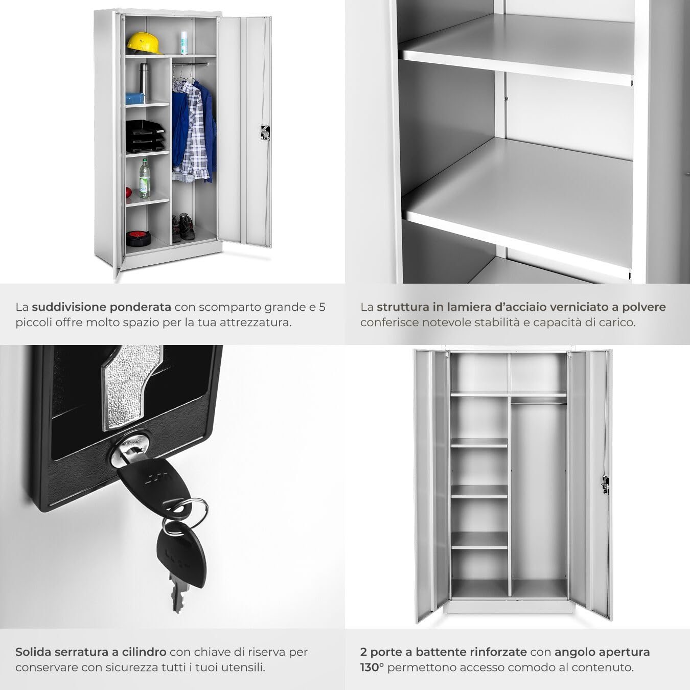 tectake® Armadio Portadocumenti, 6 Scomparti, Asta Appendiabiti, Armadio Multiuso in Acciaio Verniciato, Mobile con Ante Rinforzate, Serratura a Cilindro di Sicurezza, 80 cm - Grigio