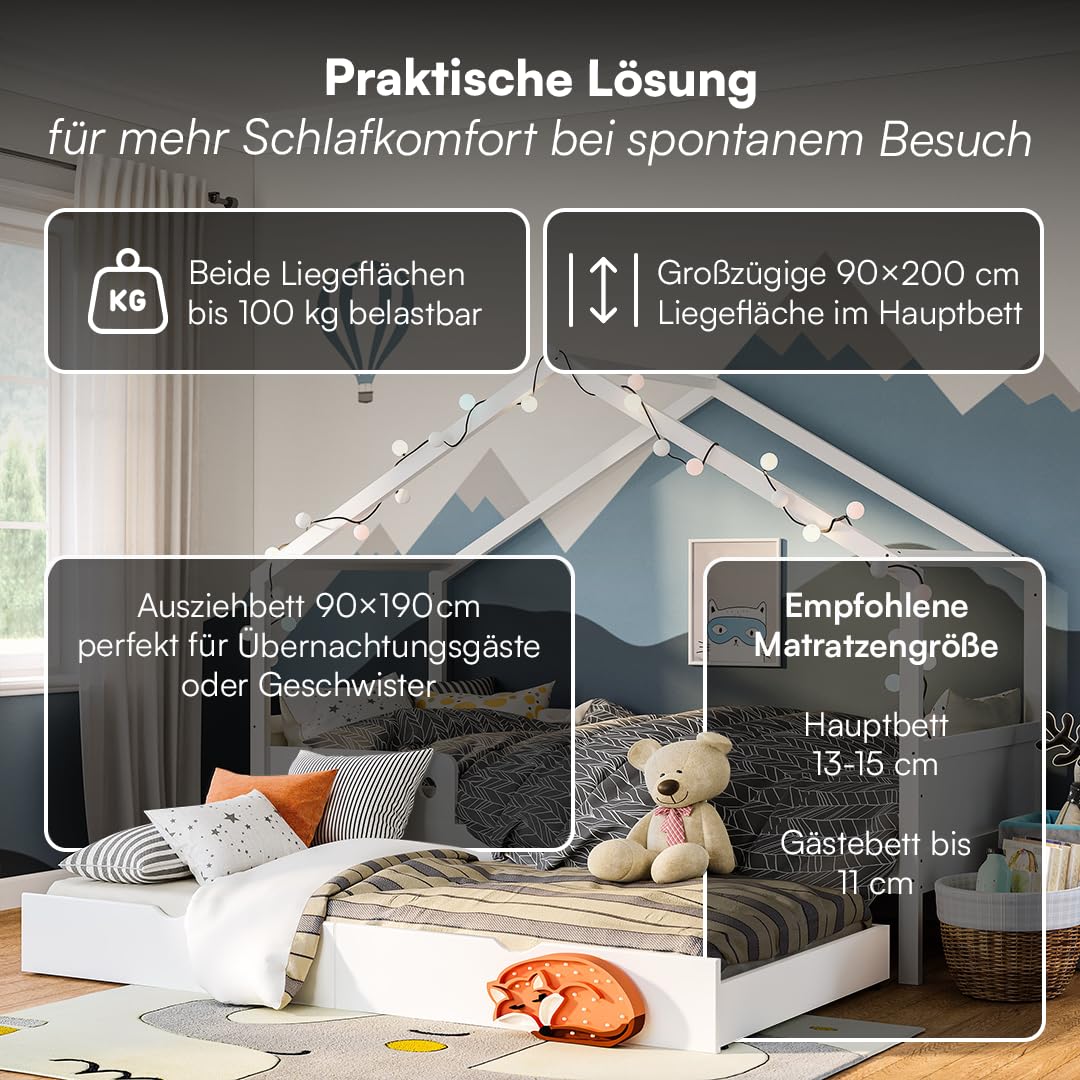 Bellabino Bela Kinderbett 90x200 cm – Hausbett mit Rausfallschutz & Lattenrost – Kinder Bett mit Gästebett für Jungen und Mädchen – Montessori Kinderhausbett aus Kiefer Holz in Weiß