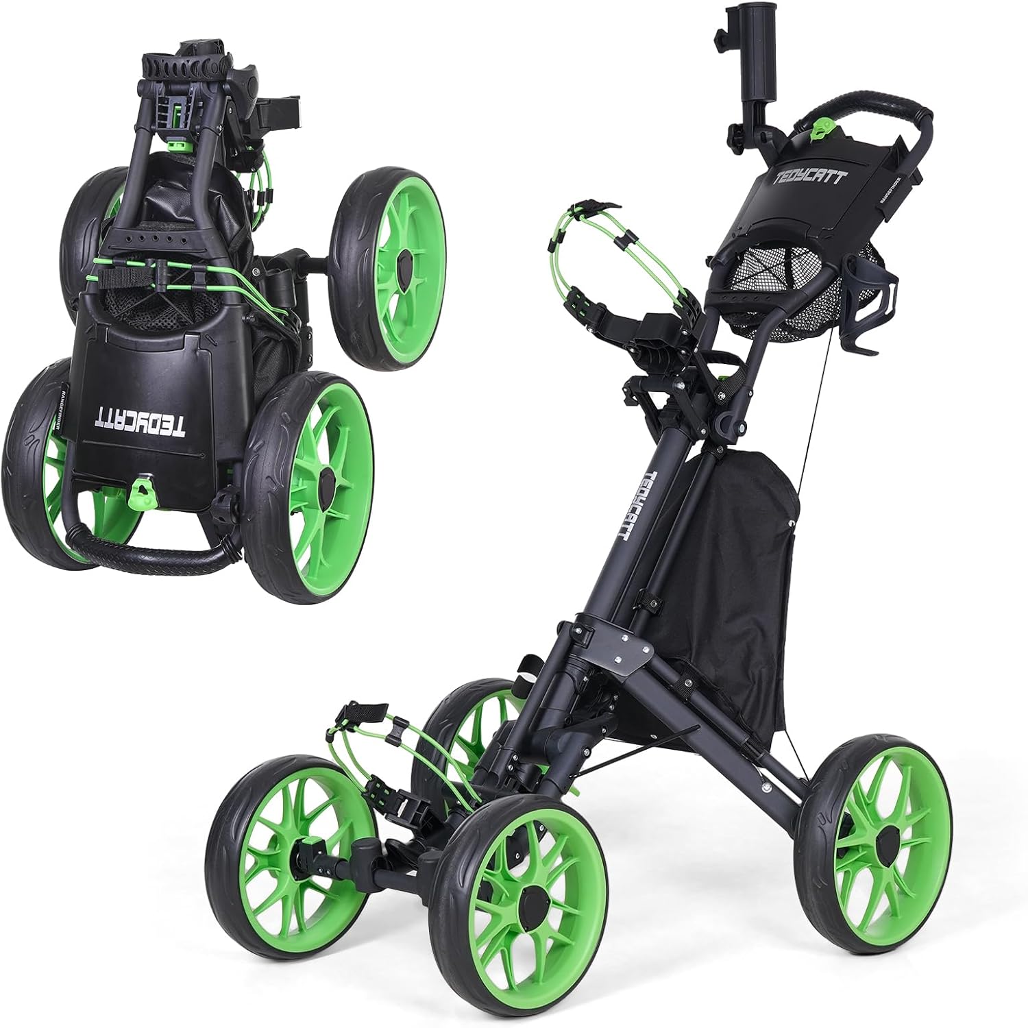 4 Wheel Golf Push Cart: Lightweight Compact Folding Golf Trolley, Pull Behind Manual Golf Caddy with Cup, Phone & Umbrella Holder, Foot Brake