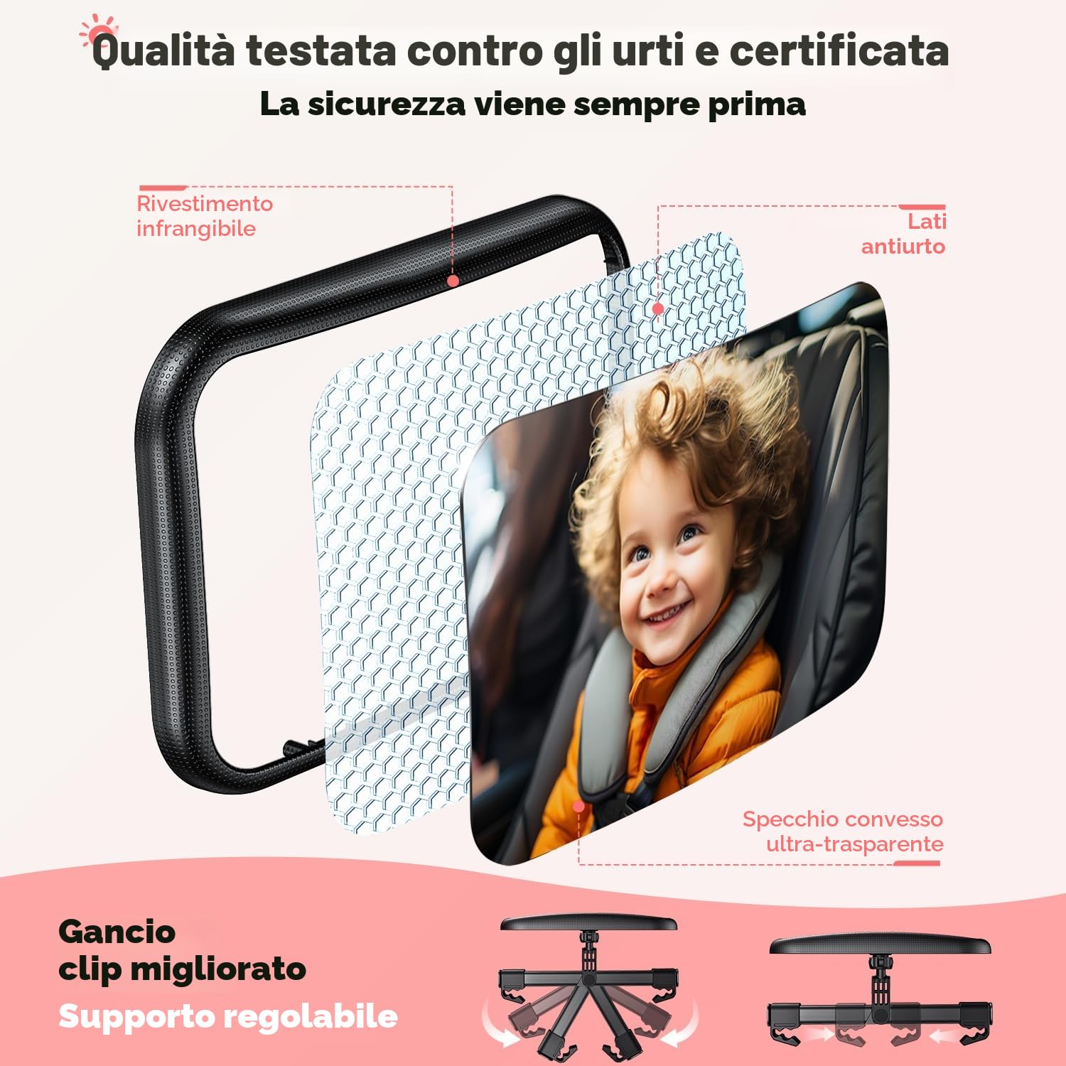 Specchietto Retrovisore Bambini Poggiatesta Auto, 100% Infrangibile Specchietto Retrovisore Auto, Rotazione a 360° Specchio Macchina Neonato Sedile Posteriore, Accessori per auto da viaggi