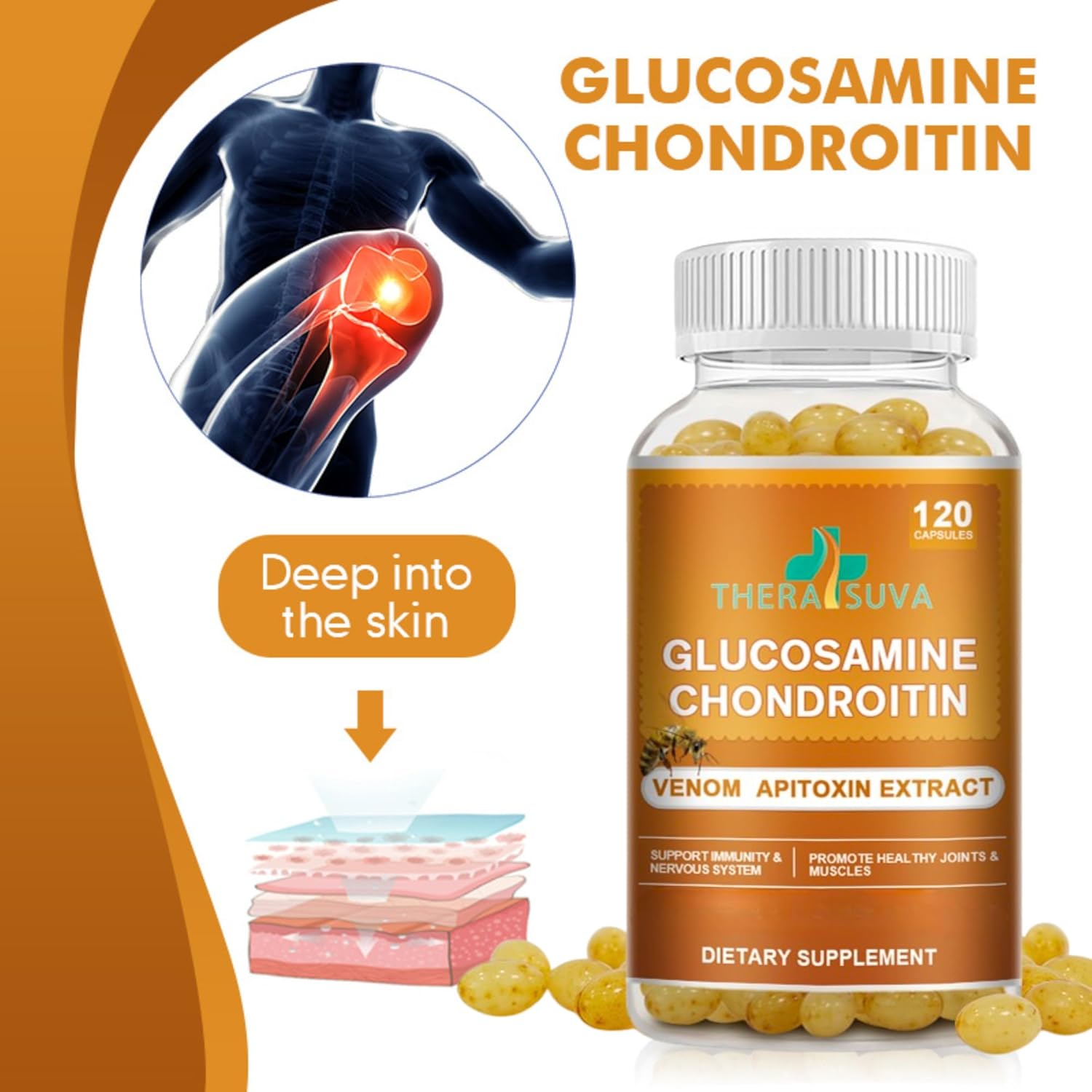 Glucosamine Chondroitin Complex with Raw Honey & Bee Venom – Natural Joint Support, Mobility & Flexibility Supplement, 2 Month Supply, 120 Softgels