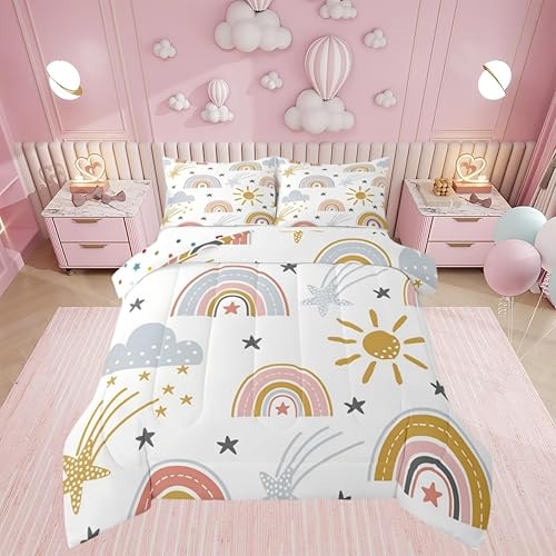 Erosebridal Juego de ropa de cama de arco iris para niñas, juego de edredón de sol y estrellas, tamaño Queen para niños y niños, ropa de cama de