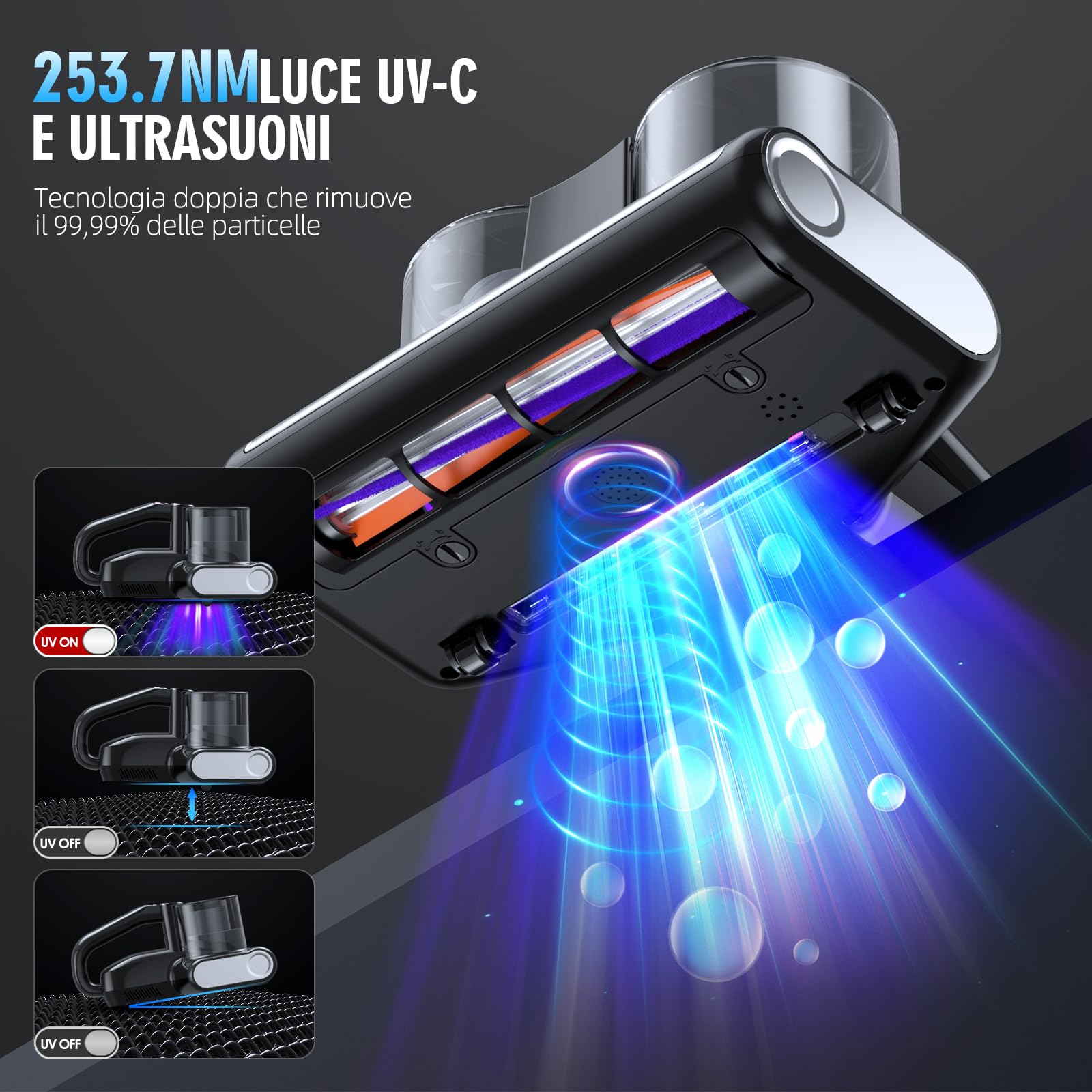 Aspirapolvere per Materassi Battimaterasso Antiacaro con Luce UV-C a 253,7 nm 16Kpa Aspirazione Filtro HEPA Riscaldamento Ultrasuoni Funzione Rotazione della Spazzola a 30000 giri/min 500W Filo Nero