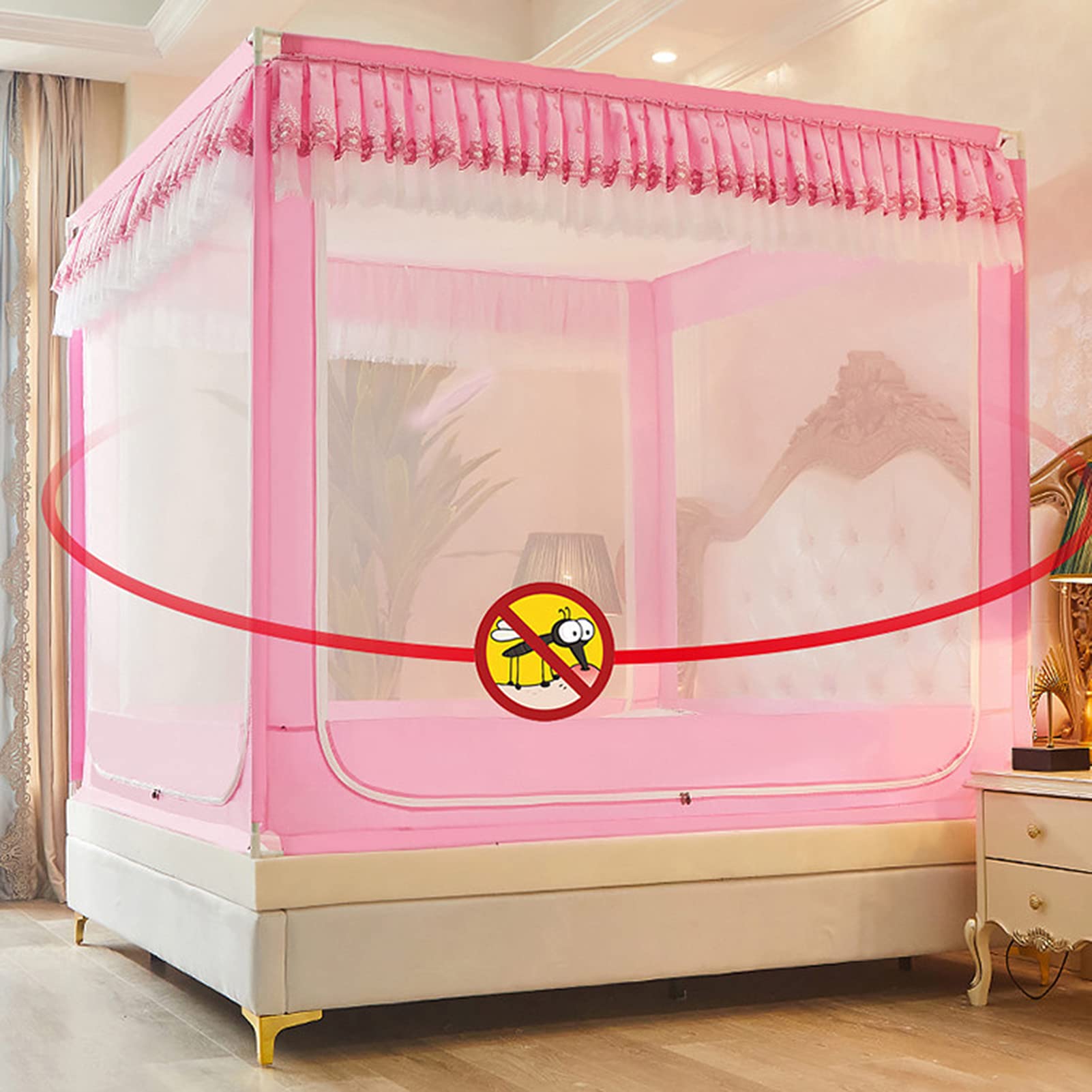 Moskitonetz fürs Bett, Anti-Moskito-Baldachin, 3 Seitentüren, Campingzelt aus Polyester, Vorhangnetz, Bettwäsche, einfache Installation, (Rot, 180 x 220 x 170 cm)