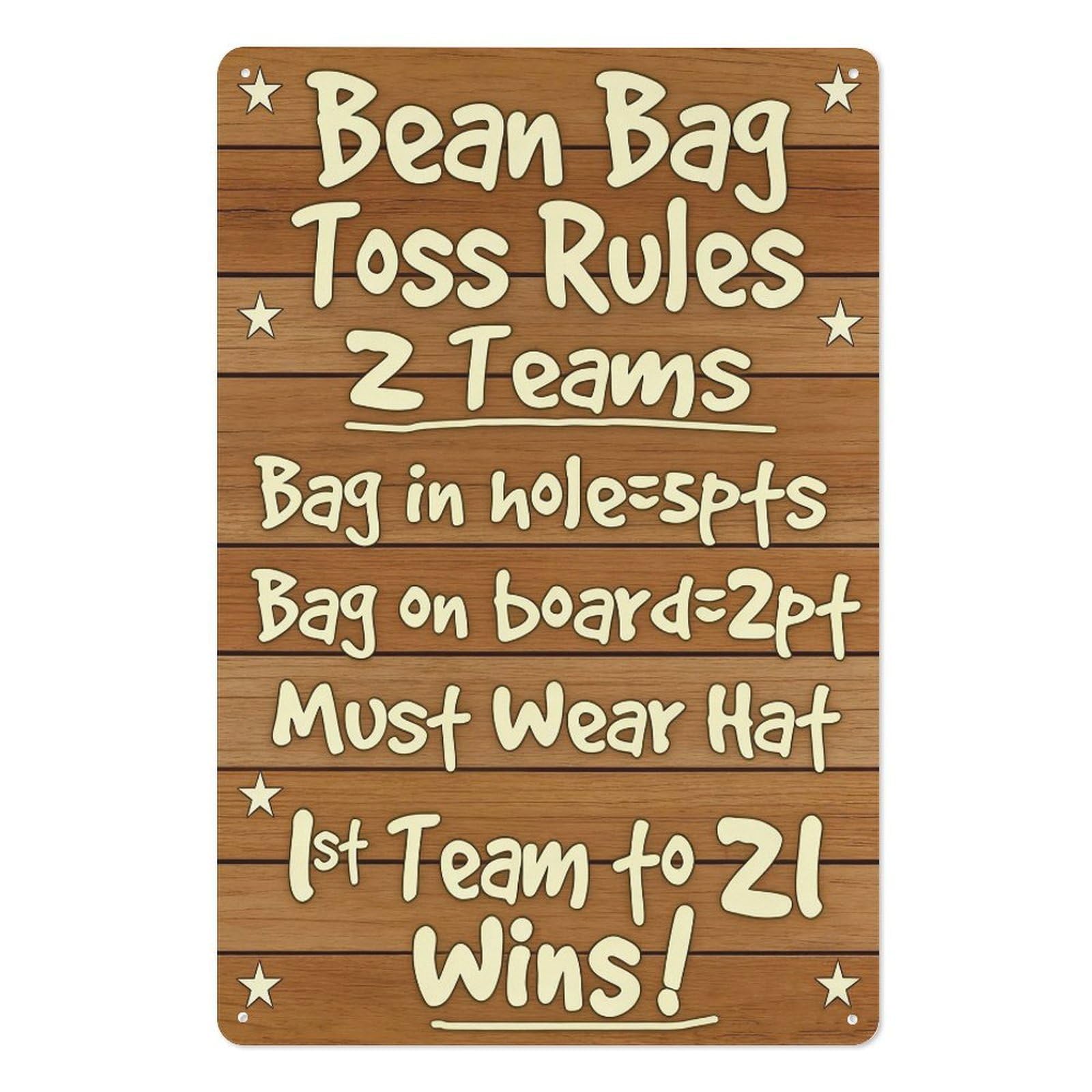 peiyeety 8x12 Inch Metal Tin Sign – Bean Bag Toss Rules Game Sign with Scoring Guide Rustic Style Wall Decor Plaque for Game Room, Backyard, Bar, Man Cave, Wall Art